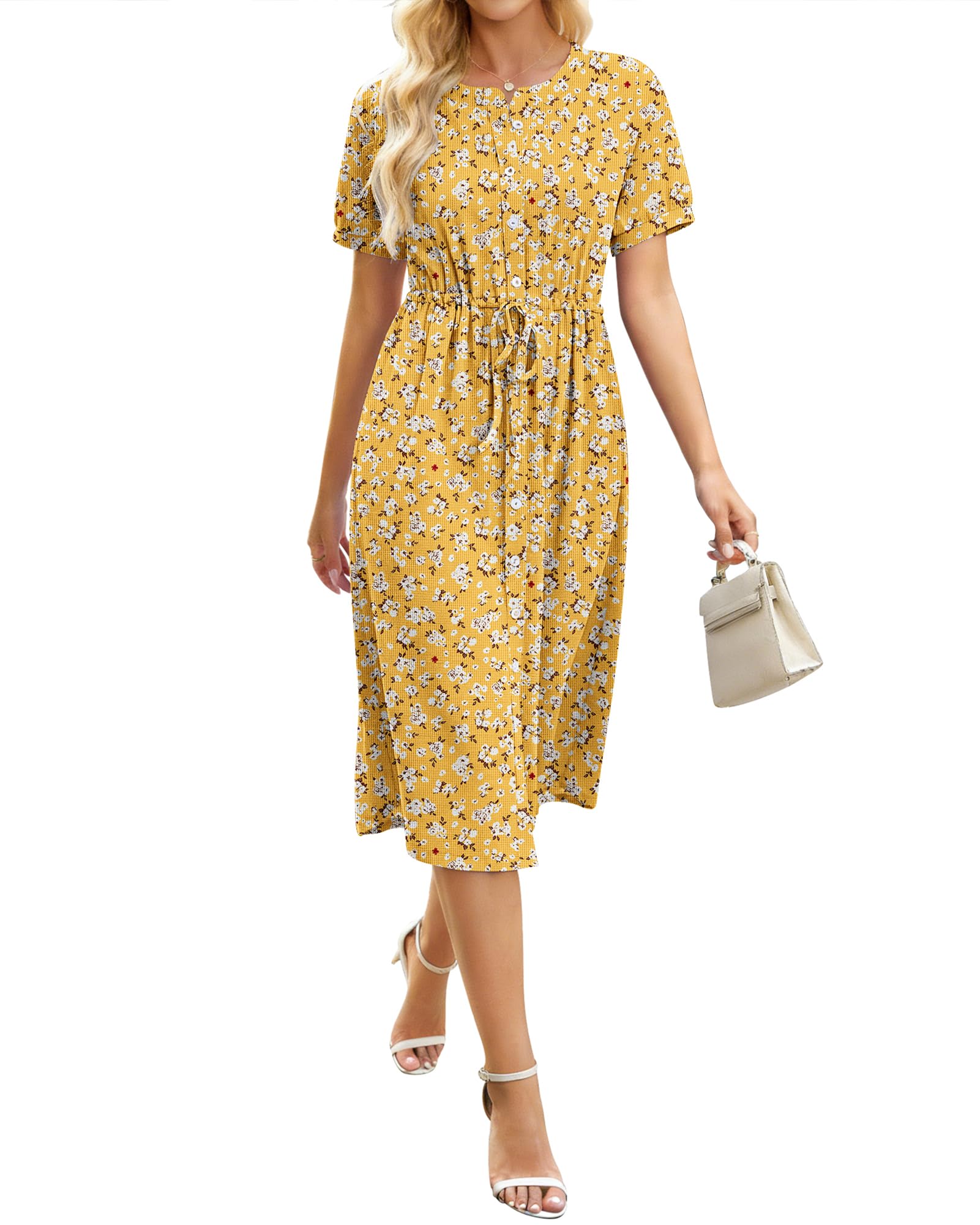 AUSELILY Damen Kurzarm Sommerkleid Knopfleisten Shirtkleid Rundhals Kordelzug Midikleid A-Linie Freizeitkleid Taschen