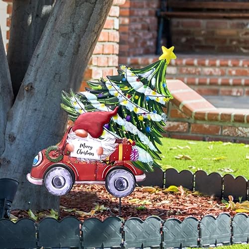 Miniatura 6 de Letrero de Navidad con estacas de patio, gnomo de metal y camión rojo con árbol de Navidad y caja de regalo, letrero de bienvenida de metal con