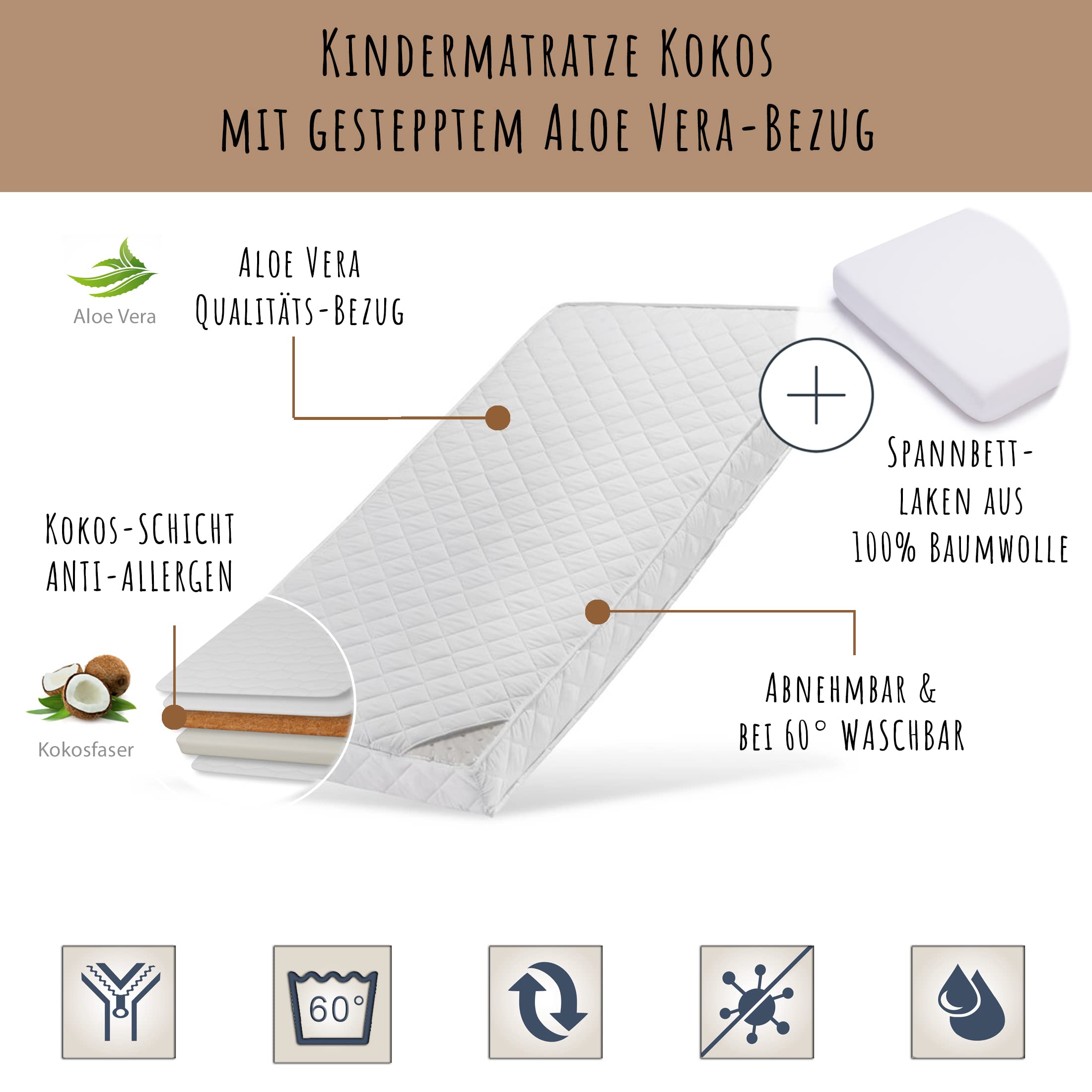 Kids Collective Babymatratze 60x120 cm KOKOS mit gestepptem Aloe Vera-Bezug, Spannbettlaken, 10 cm hoch, Babymatratze Kindermatratze 60 x 120 Kokos-Matratze für Babybett oder Kinderbett | bis 60kg