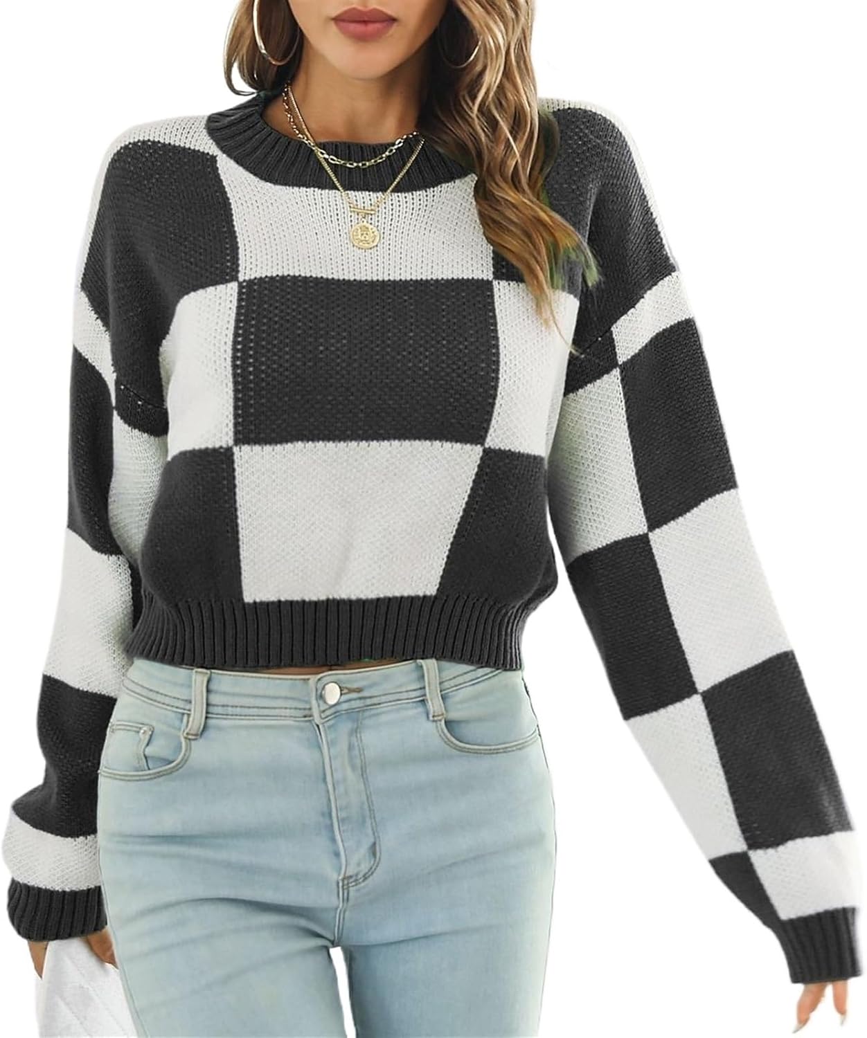 Women's Crewneck Cropped Sweaters Long Ribbed Knit Pullover