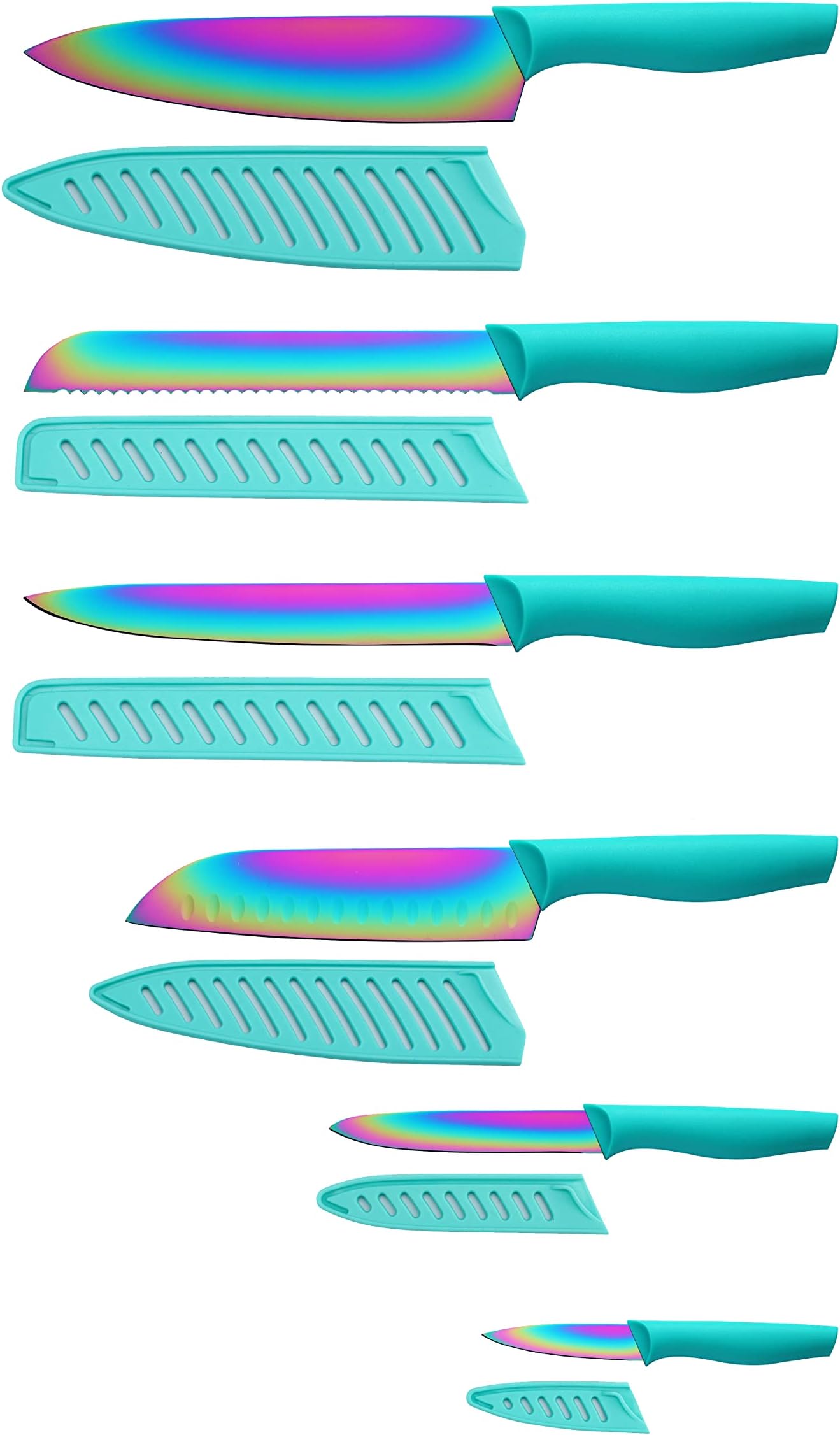 DISHWASHER SAFE Kitchen Knife Set, Marco AlmondÃ‚® KYA37 12-Piece Rainbow Titanium Stainless Steel Boxed Knives Set for Kitchen with Sheath, 6 Knives with 6 Blade Guards, Teal