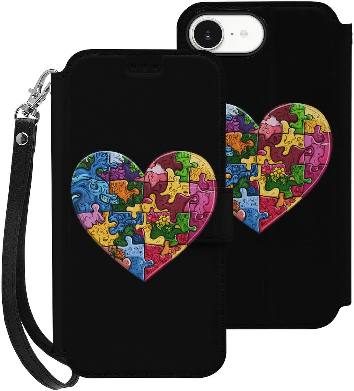 Earth Puzzle Heart Compatible with iPhone 16/16 Plus/16 Pro/16 Pro Max/16 E Case Phone Wallet Card Holder Flip Cover with Wrist Strap