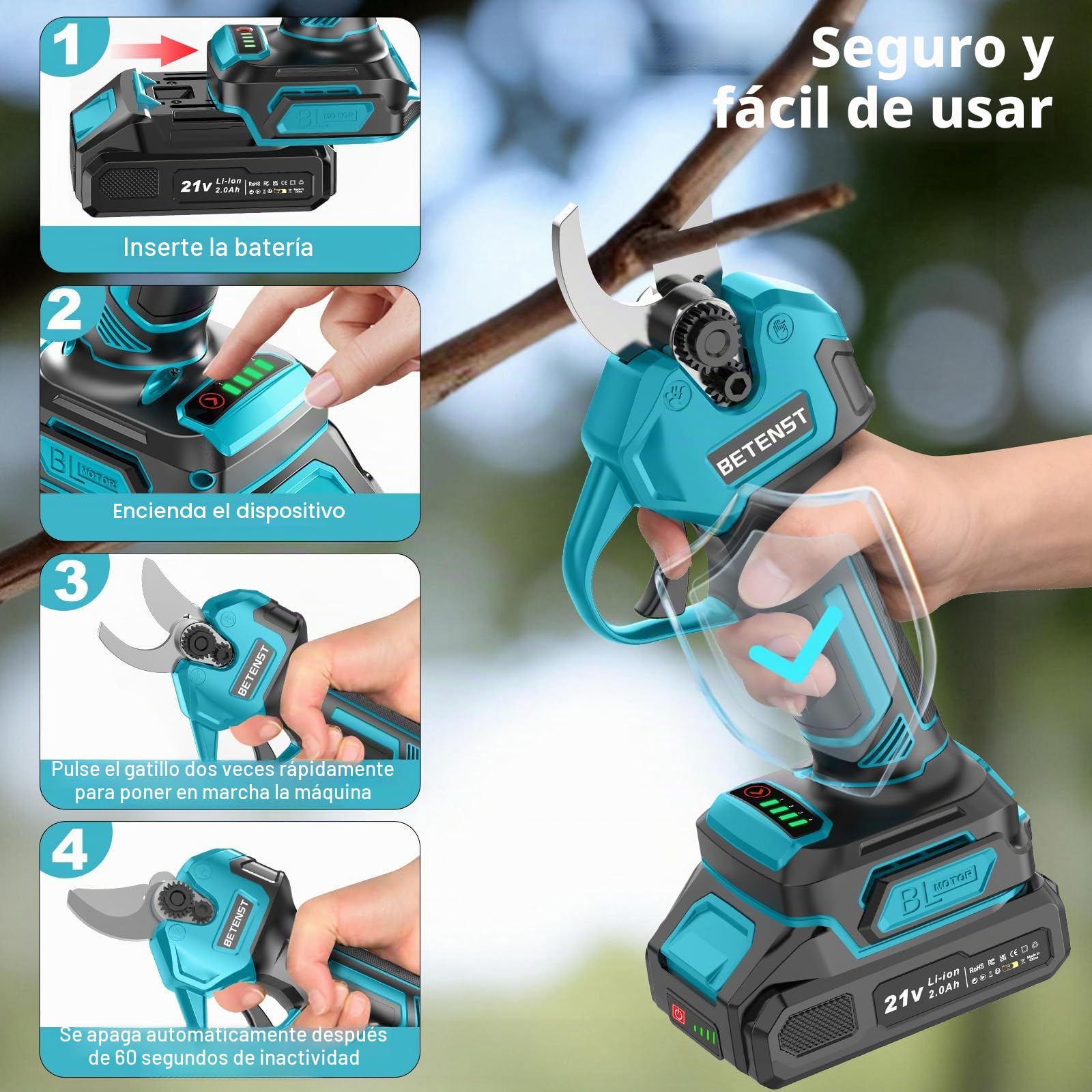 Tijeras de Podar Eléctricas Sin Escobillas, BETENST Tijeras de Podar Batería 21V con 2 Batería 2.0Ah, Hoja SK5, Pantalla LCD Tijeras de Jardín Profesionales Para Huertos, Jardinería y Granjas