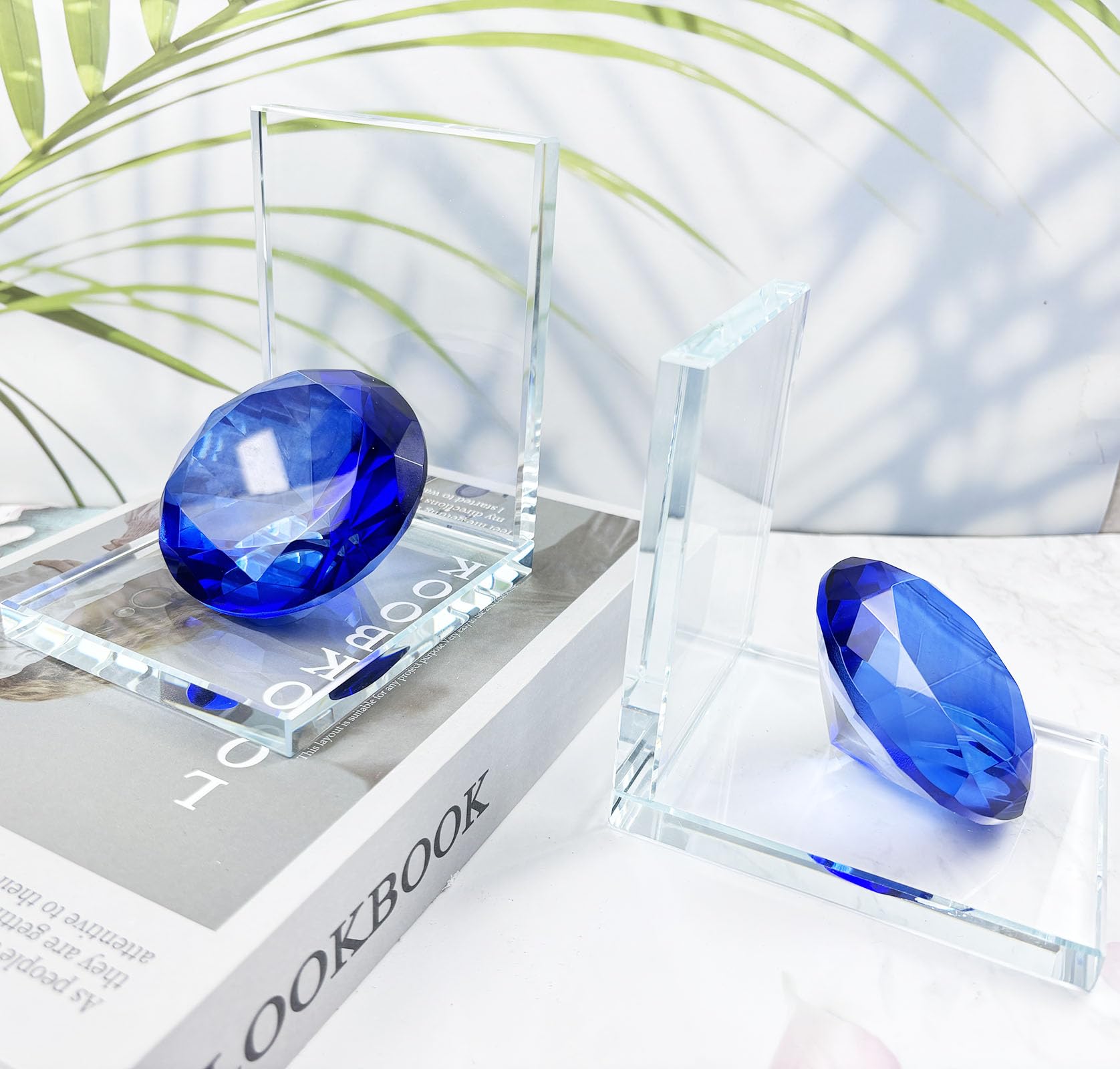 Crystal Bookends Decorative Glass Book Holders Heavy Duty Book Ends with Diamond for Shelf Decor Unique Book Stopper Blue