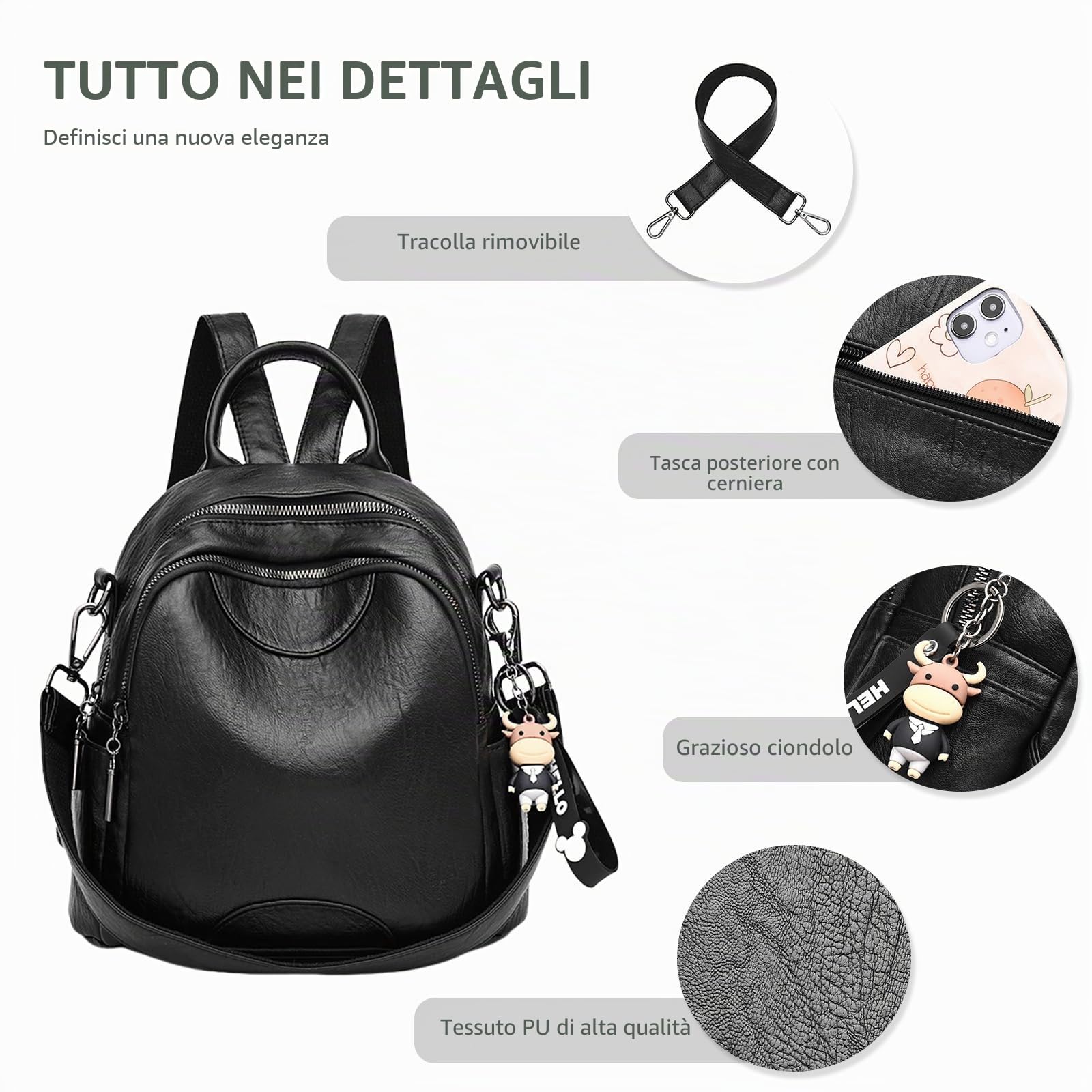 NICOLE & DORIS Zaino Piccolo Donna Borsa e Zaino Tracolla Zainetti Antifurto Zaini in PU Pelle Daypack Mini Zainetto da Viaggio per lo Shopping Nero C