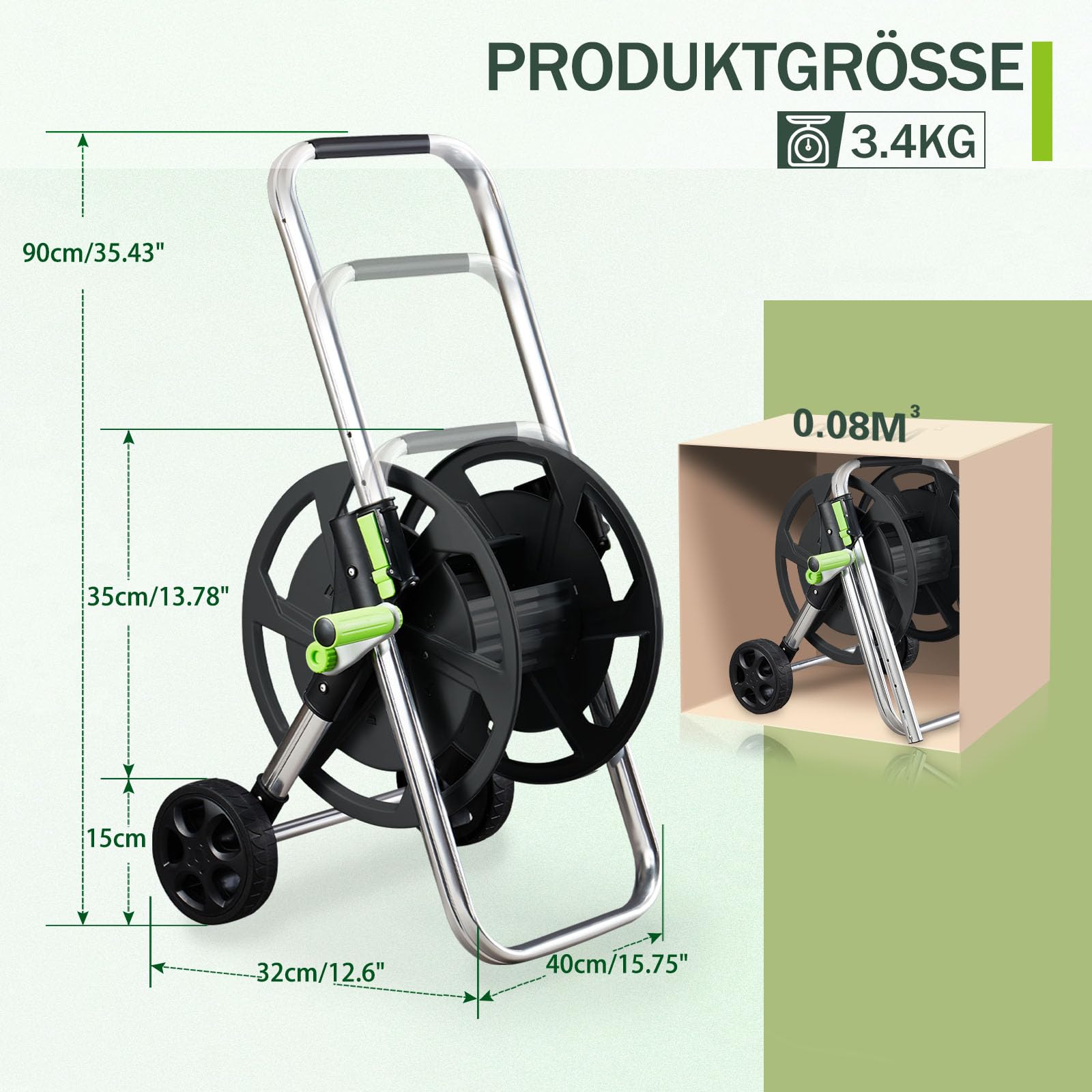 Schlauchwagen aus Metall – fahrbare Schlauchtrommel für 60 m (1/2 Zoll) Schlauch,mit Rädern, Verstellbarem Handlauf & Robustem Metallrahmen,Garten, Platzsparend & Einfach Abnehmbar