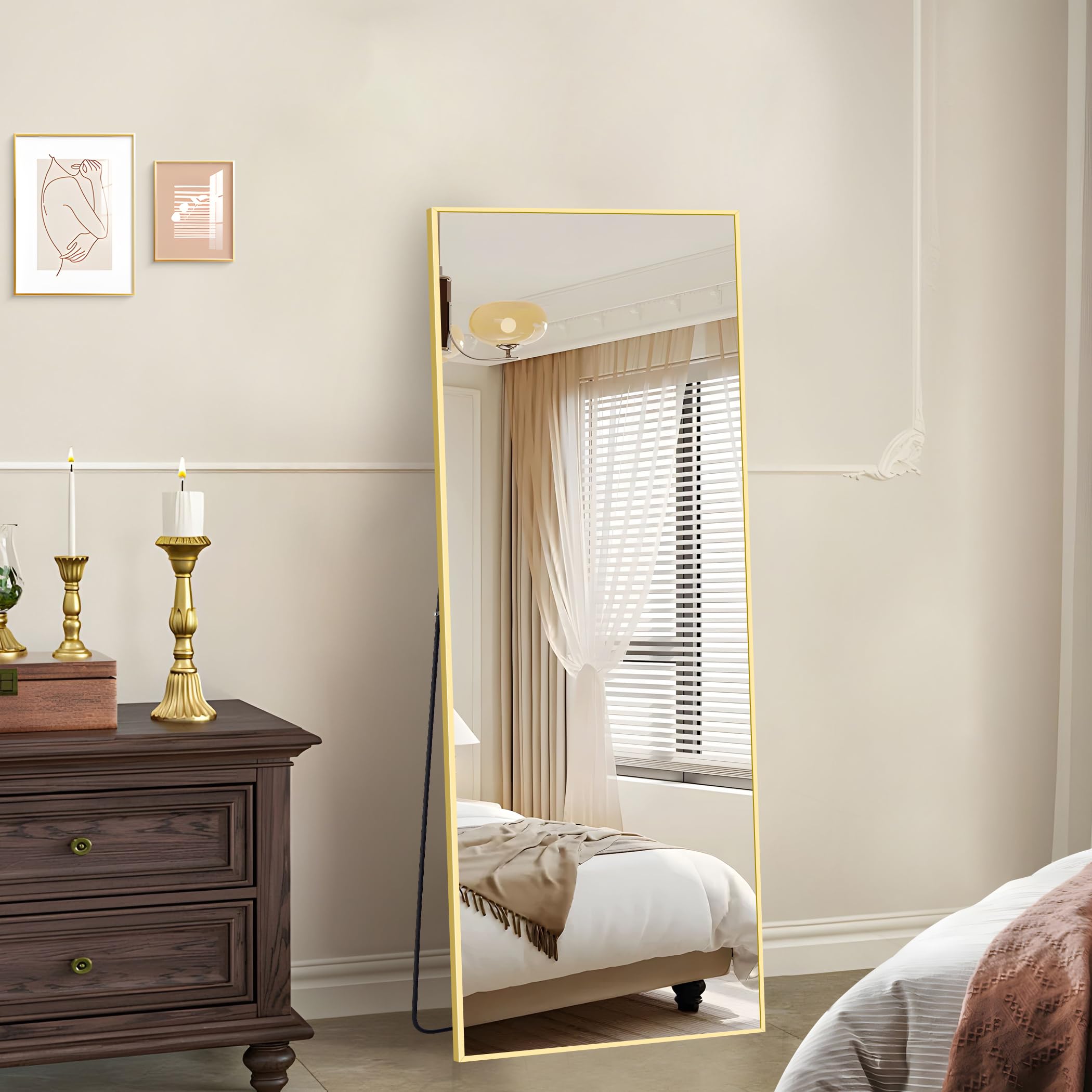 KOCUUY Specchio rettangolare per tutto il corpo, 147 x 44 cm, grande specchio da parete con cornice in alluminio dorato, da appendere, in piedi, inclinabile, per soggiorno, camera da letto e corridoi