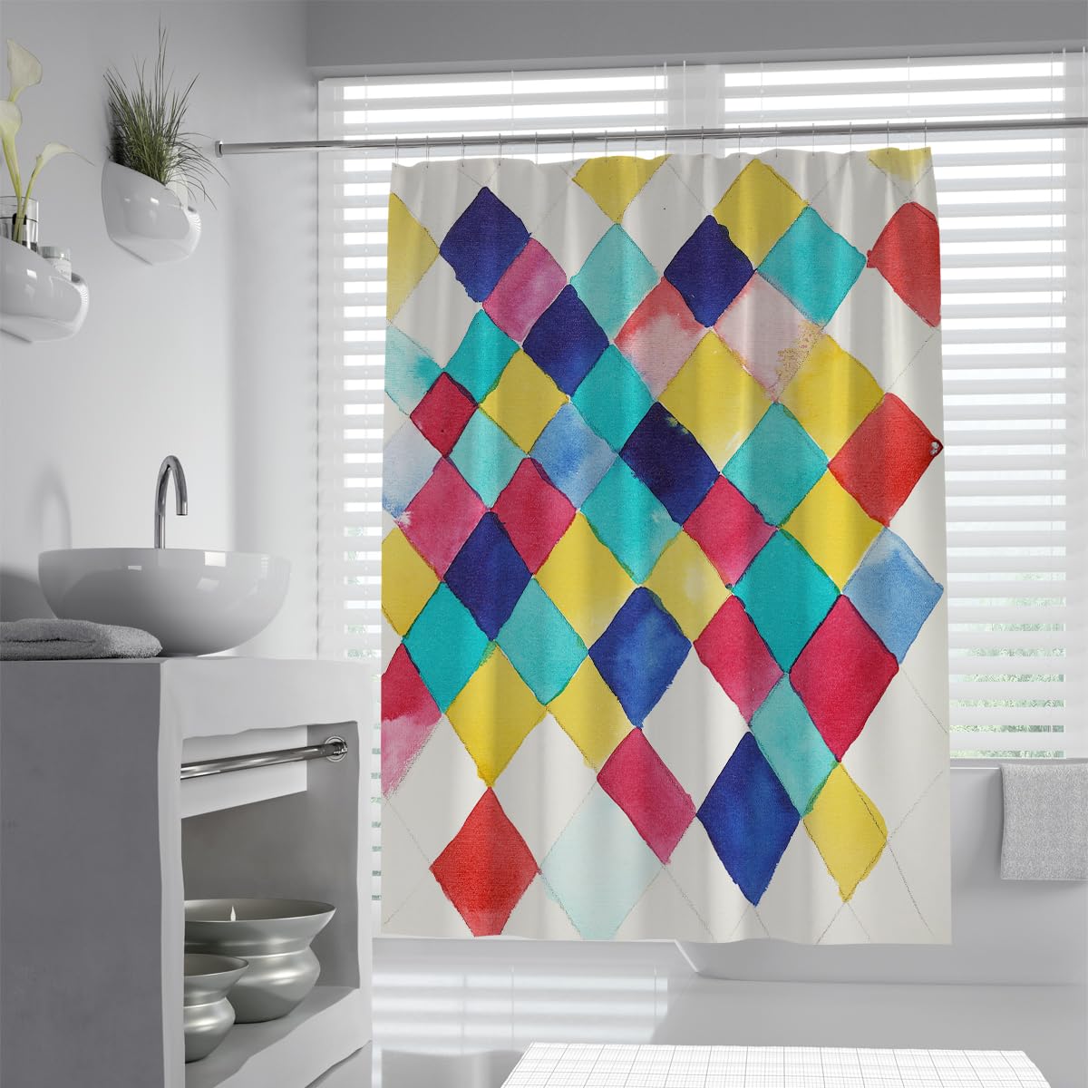 Mehrfarbiges Pink, Gelb-Blau-Mosaikgitter, Duschvorhang, Leuchtend regenbogenfarbene Karierte Duschvorhänge, waschbare Polyester-Badezimmerdekoration, wasserabweisend, schnell trocknend 200 x 240 cm