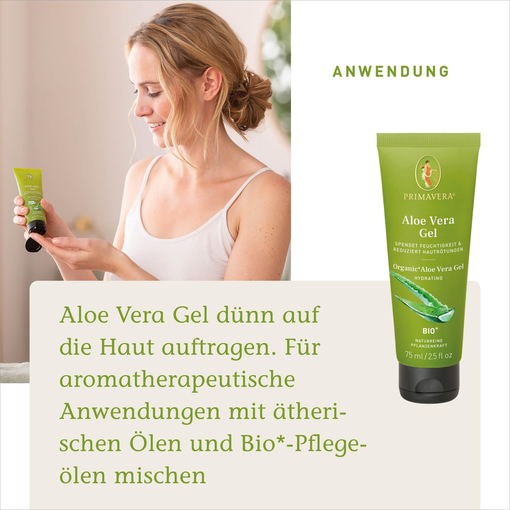 PRIMAVERA Aloe Vera Gel bio* 6 x 75 ml – naturreine Pflanzenkraft – mit frischem Aleo Vera Saft – After-Sun-Pflege – duft- und farbneutral – feuchtigkeitsspendend – reduziert Hautrötungen – vegan