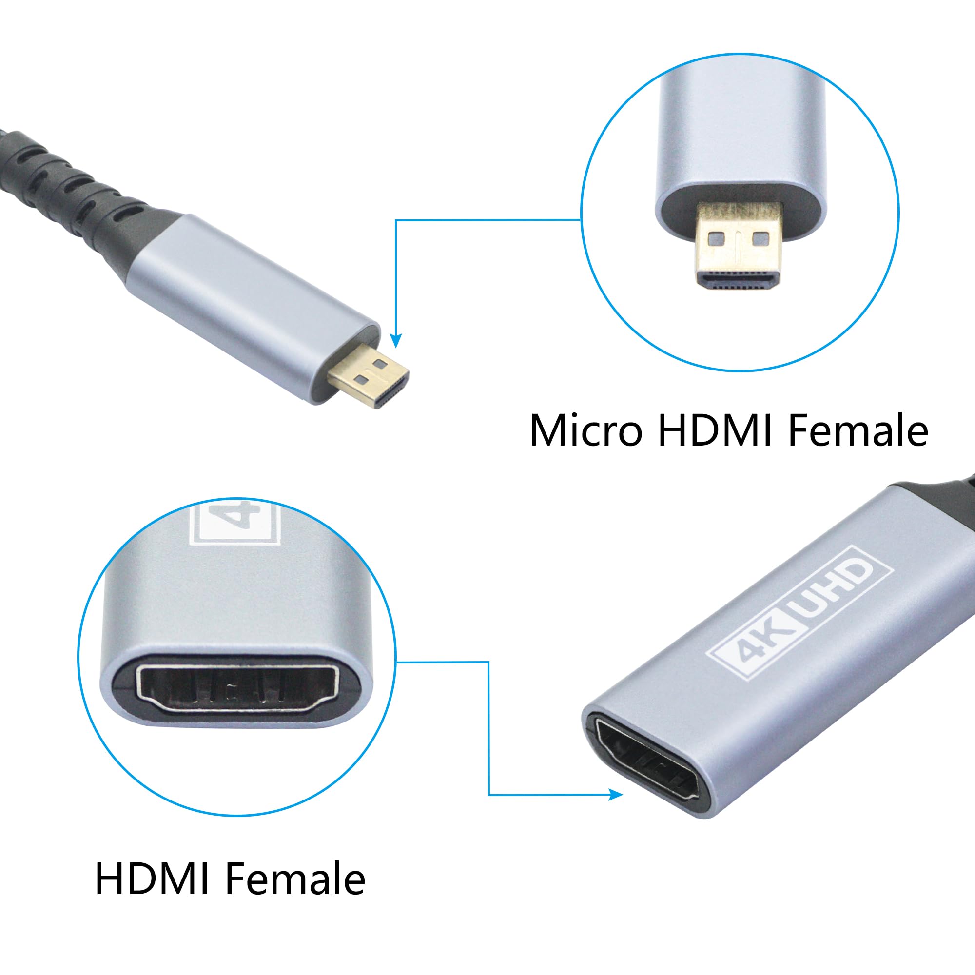 Adattatore da micro HDMI a HDMI, cavo da micro HDMI maschio a HDMI femmina con 4K 60Hz, compatibile con fotocamera, videocamera, Raspberry Pi Zero, laptop, tablet