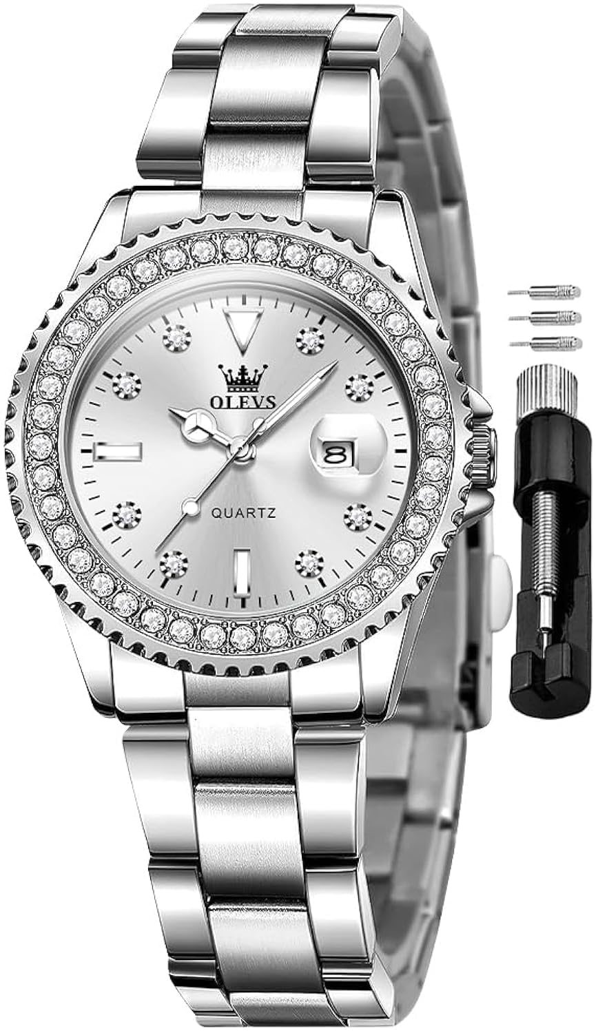 – Ladies Watch Diamond Dress Quartz Analog Female Watches Stainless Steel Two Tone Waterproof Luminous Day Date for Womens Wrist Watch Gift