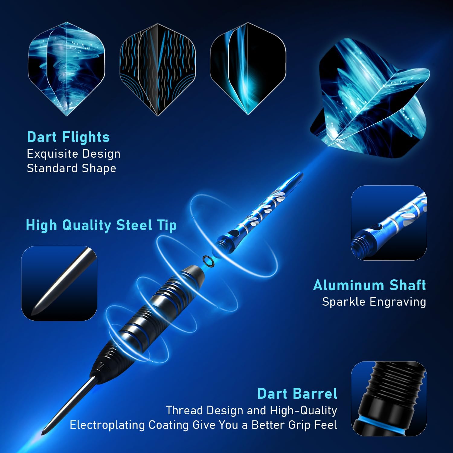 XAWU 3 Pack Steel Tip Darts Set Professional Darts 22g, 24g with 9 Dart Flights 3 Aluminum Shafts 3 Spare Shafts 1 Dart Sharpener 12 Rubber O-Rings Flight Protector and Darts Case