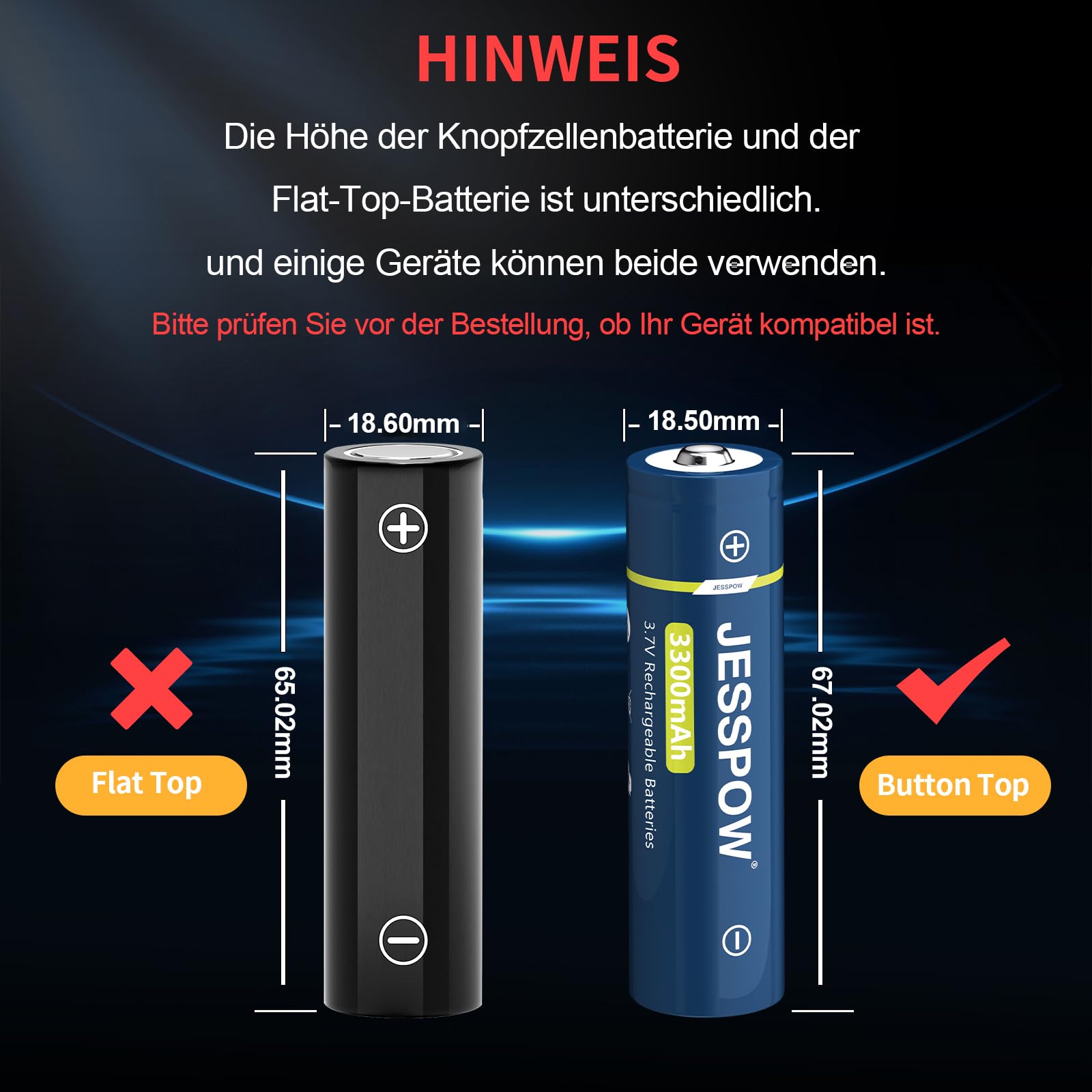 6 Stück 3,7 Volt Wiederaufladbare Akku Button Top, 3300mAh Batterie für LED-Stirnlampen, Taschenlampen, Kleinen Lüfter (18 x 67mm, Nicht-AA)