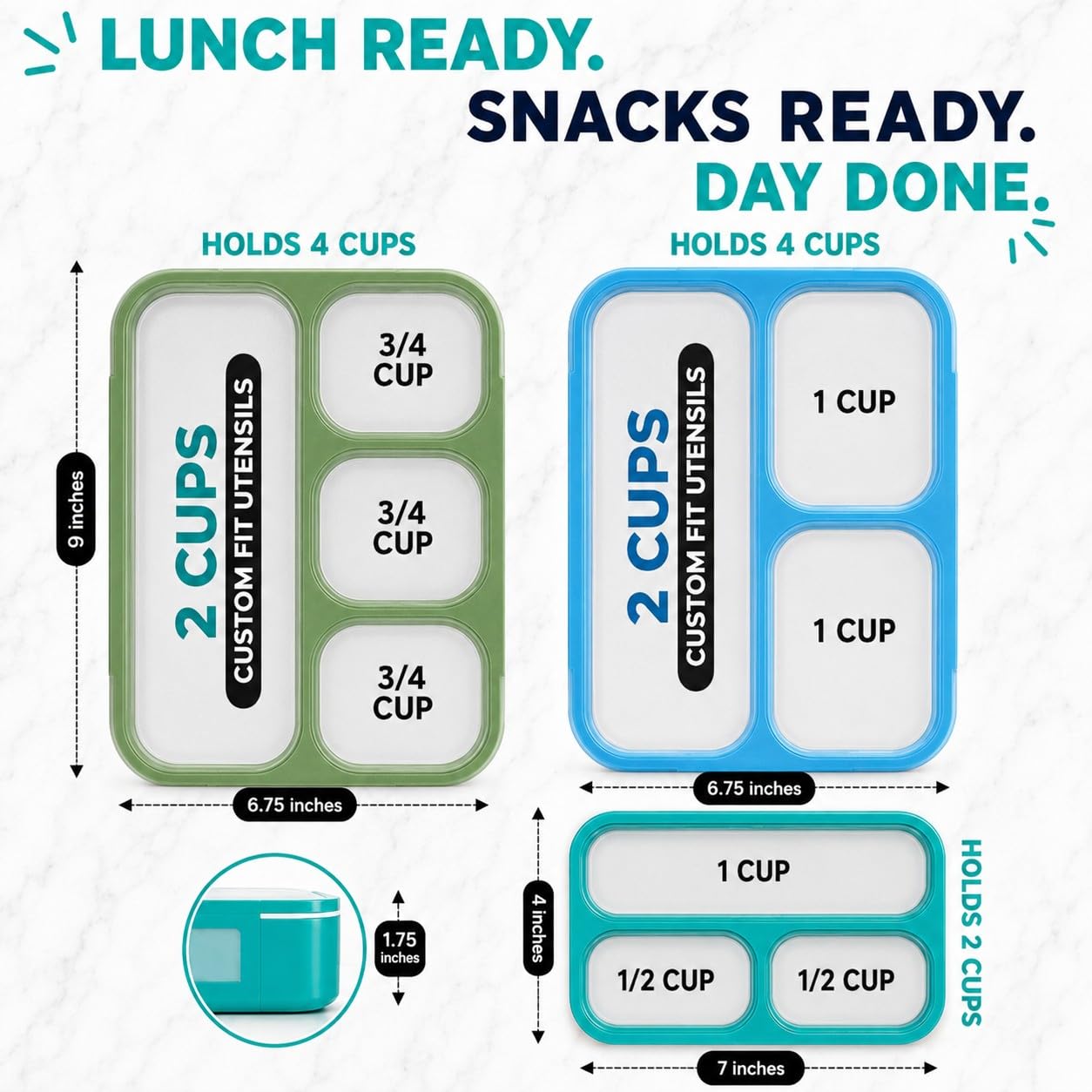 Scatole per il pranzo e snack Bento a tenuta stagna, confezione da 4 contenitori per porzioni per la pianificazione dei pasti, per donne e adulti, senza BPA, utensili - blu, verde