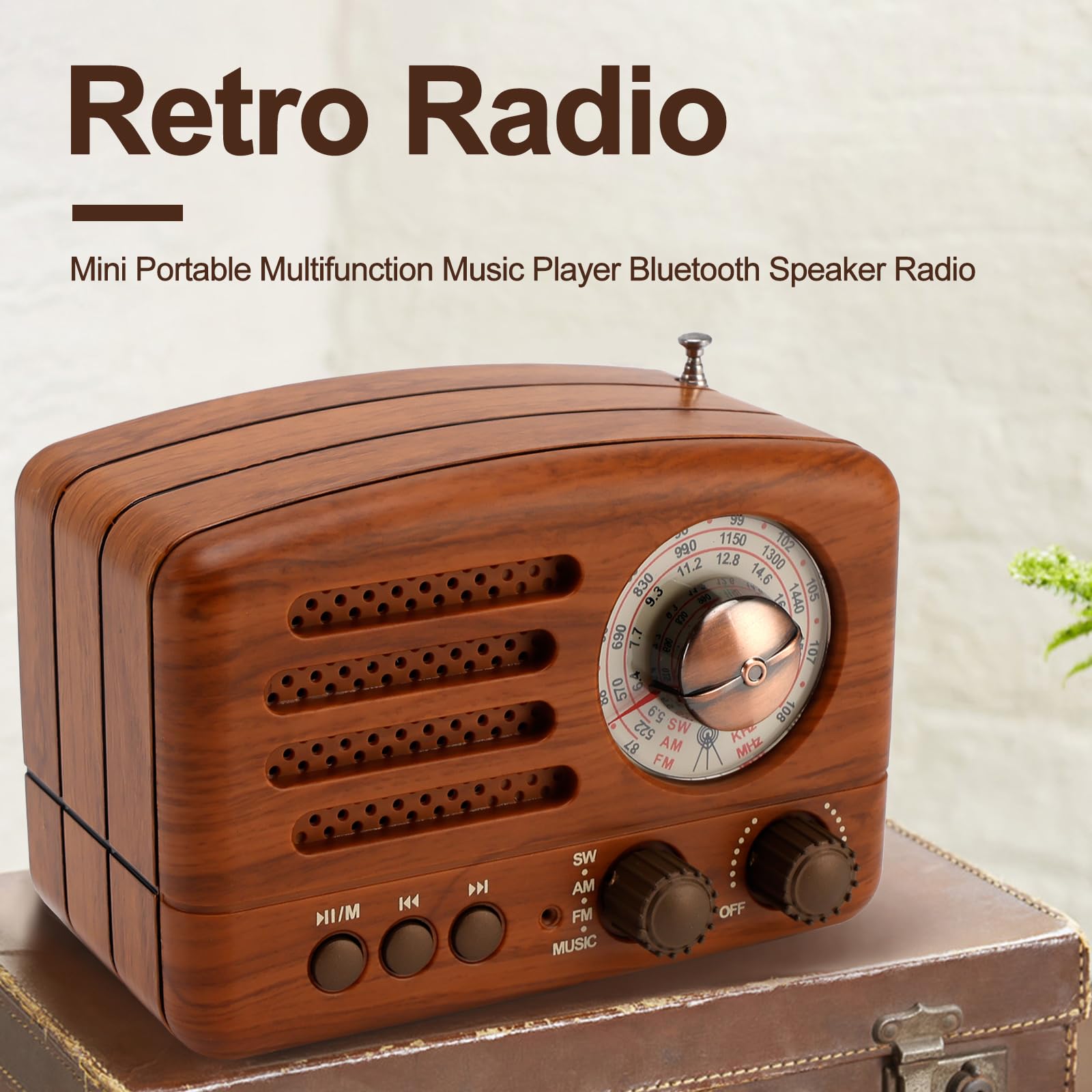 Topteng Retro Radio Bluetooth Lautsprecher, AM/FM/SW Nostalgie Radio, Kofferradio mit USB/TF-Karte, Mini Musikplayer für Zuhause - Dekoratives Vintage Design im Holzlook, Küchenradio Klein
