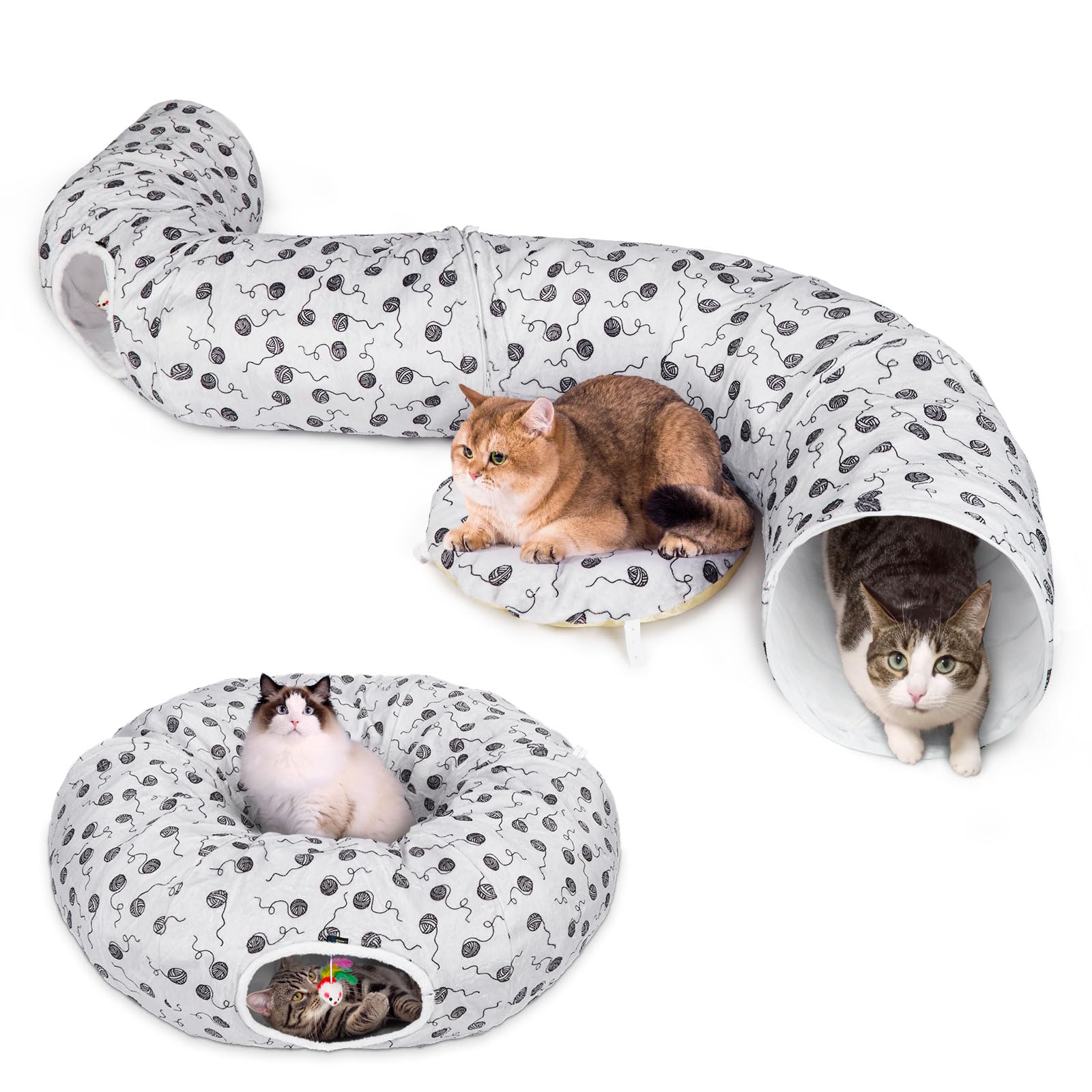 Ownpets Lit tunnel 3 en 1 pour chat avec tapis central, 30 cm, jouet en forme de beignet, matériau en peluche douce, forme de pleine lune pour chaton, chat, chiot, lapin, furet, gris