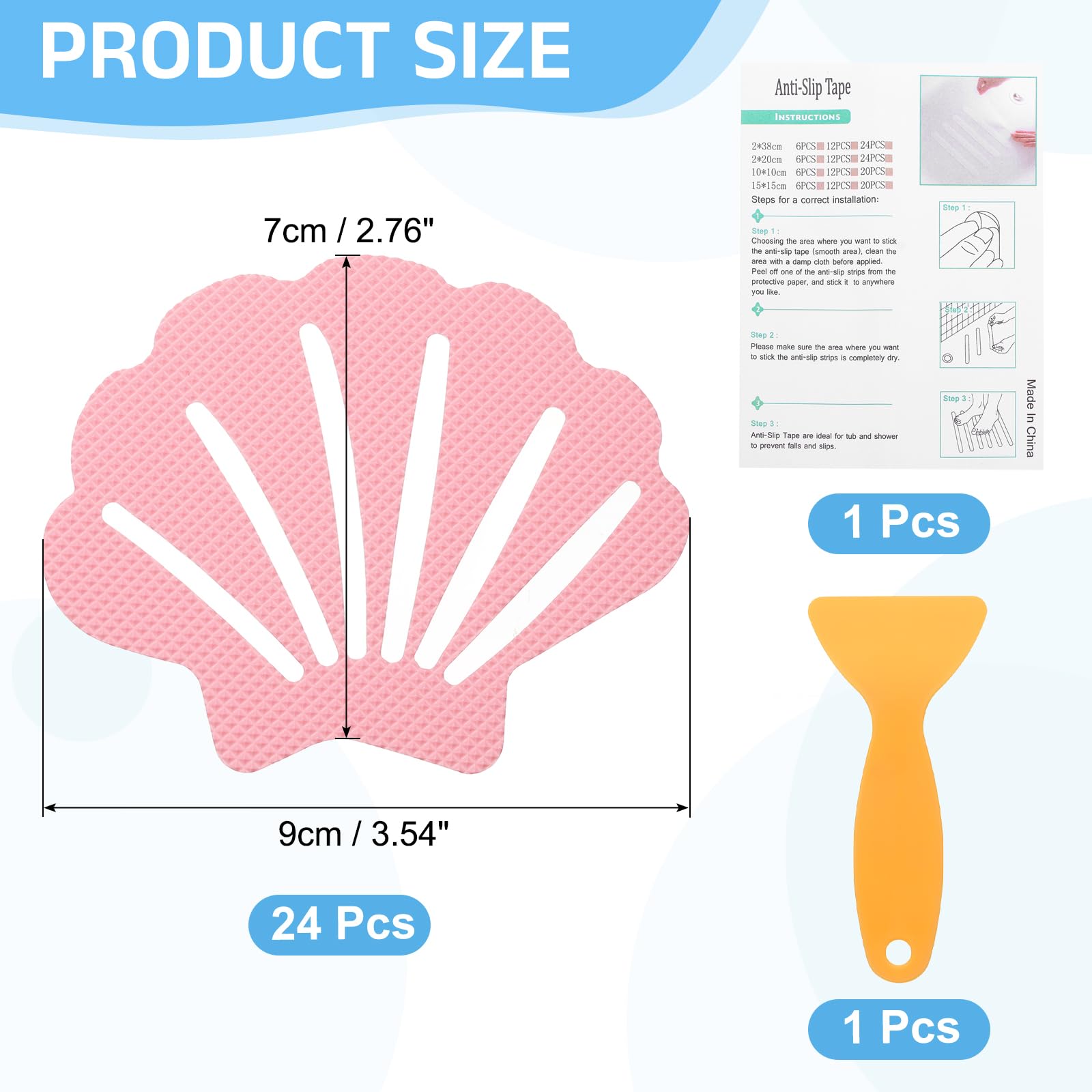 uxcell 24Pcs Non-Slip Bathtub Stickers, 9x7 cm Shell Shape Shower Floor Non Slip Stickers with Scraper for Bathroom Shower Stairs Ladders, Pink