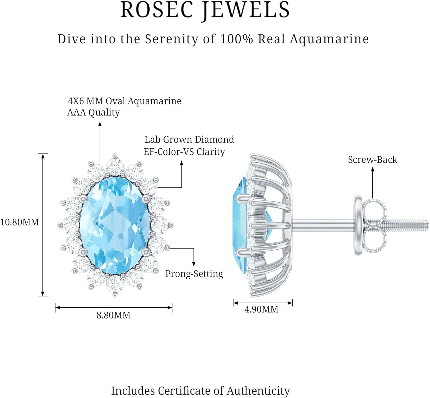 Genuine 0.8 Carat Aquamarine Diamond Earrings in Silver, Aaa Quality, Certified Aquamarine Stud Earrings (Ideal For Gift)