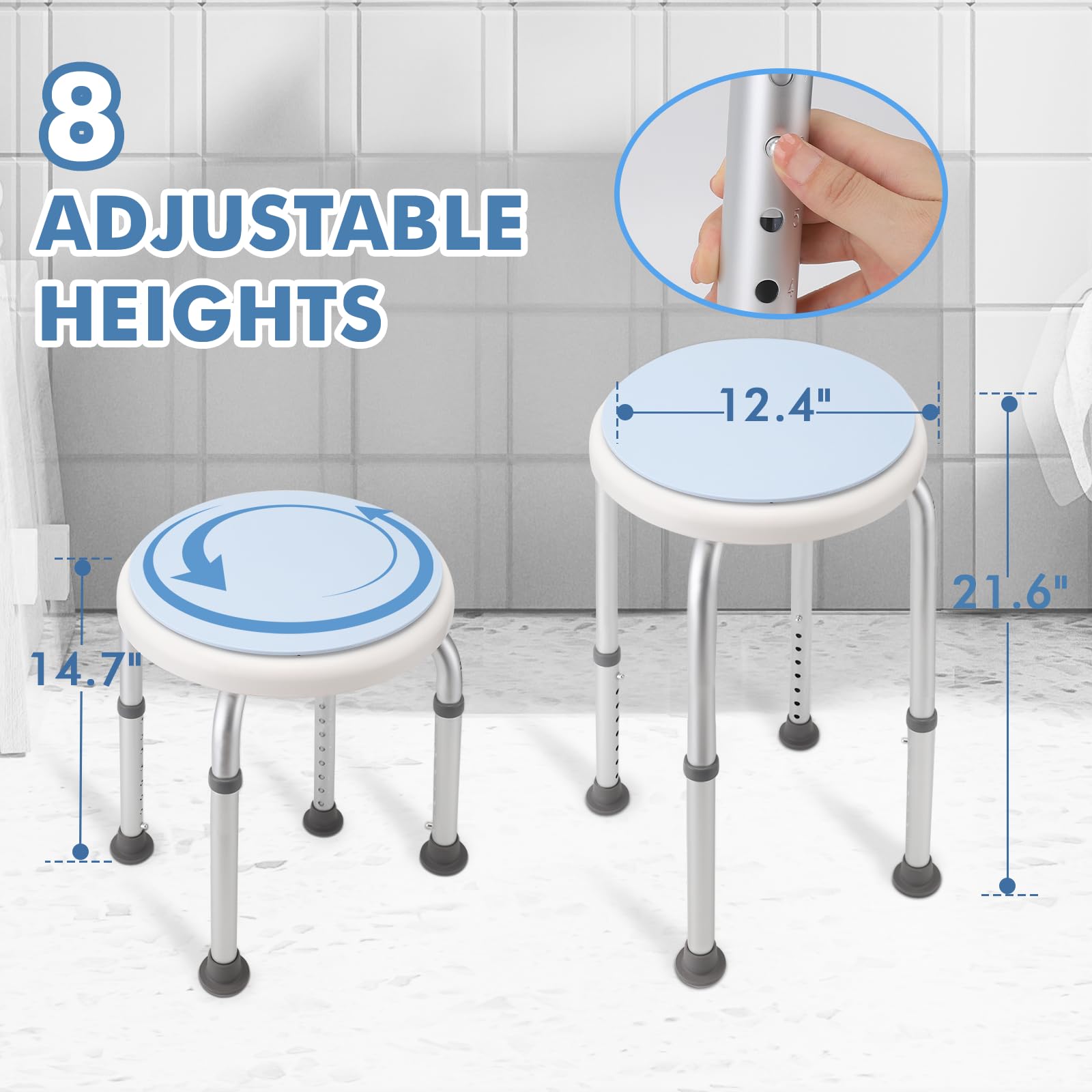 Taburete de ducha redondo para ducha interior, asiento giratorio de 360 grados para bañera con estante de almacenamiento, taburete de ducha giratorio ajustable, capacidad de peso de 300 libras,