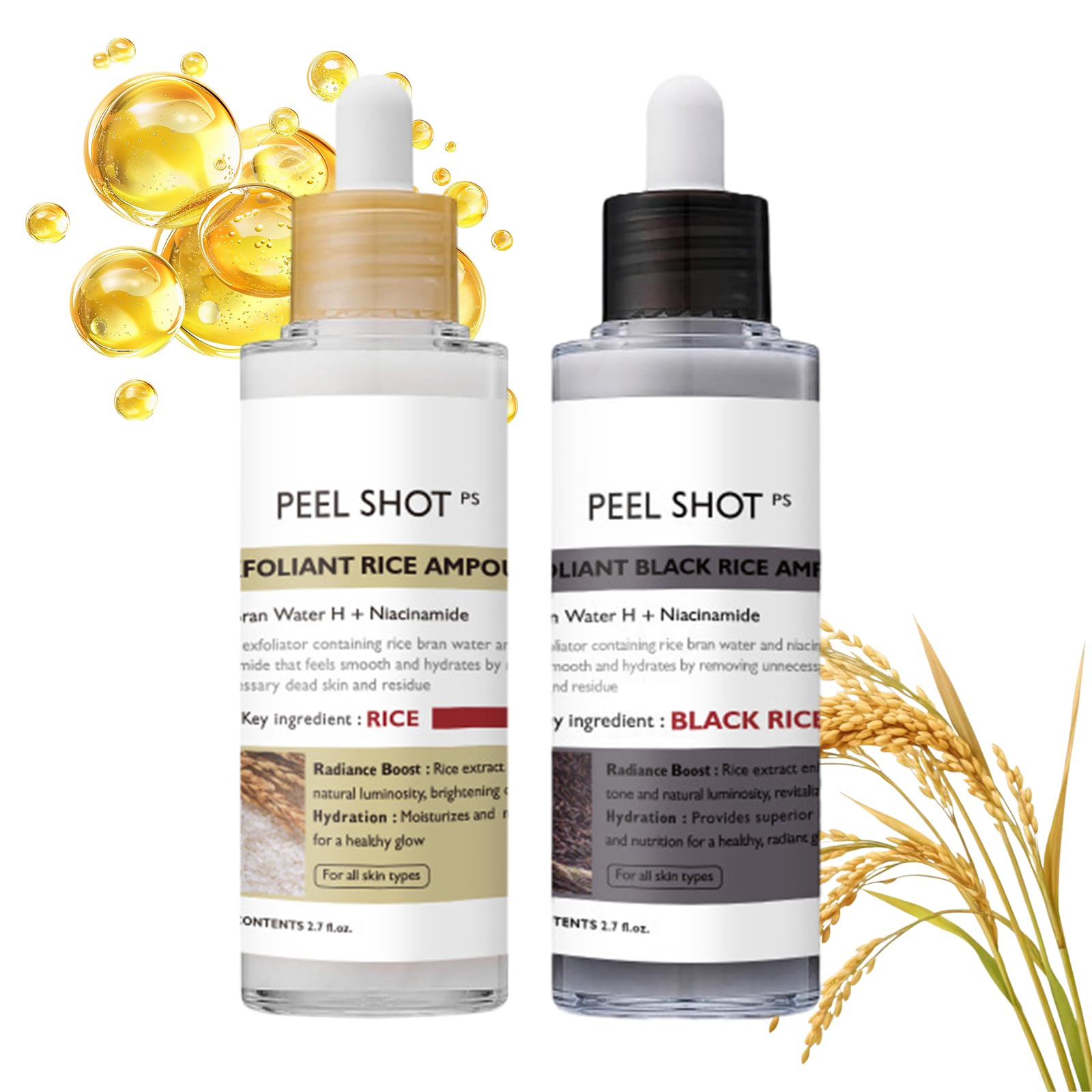 Siero Coreano Esfoliante al Riso, Peel Shot Glow Rice Ampoule Duo, Siero Esfoliante al Riso, Coreano Punti Neri Rimozione, Riduce Pori, Idratante e Illuminante, pelli sensibili (80ml* 2 Pack)