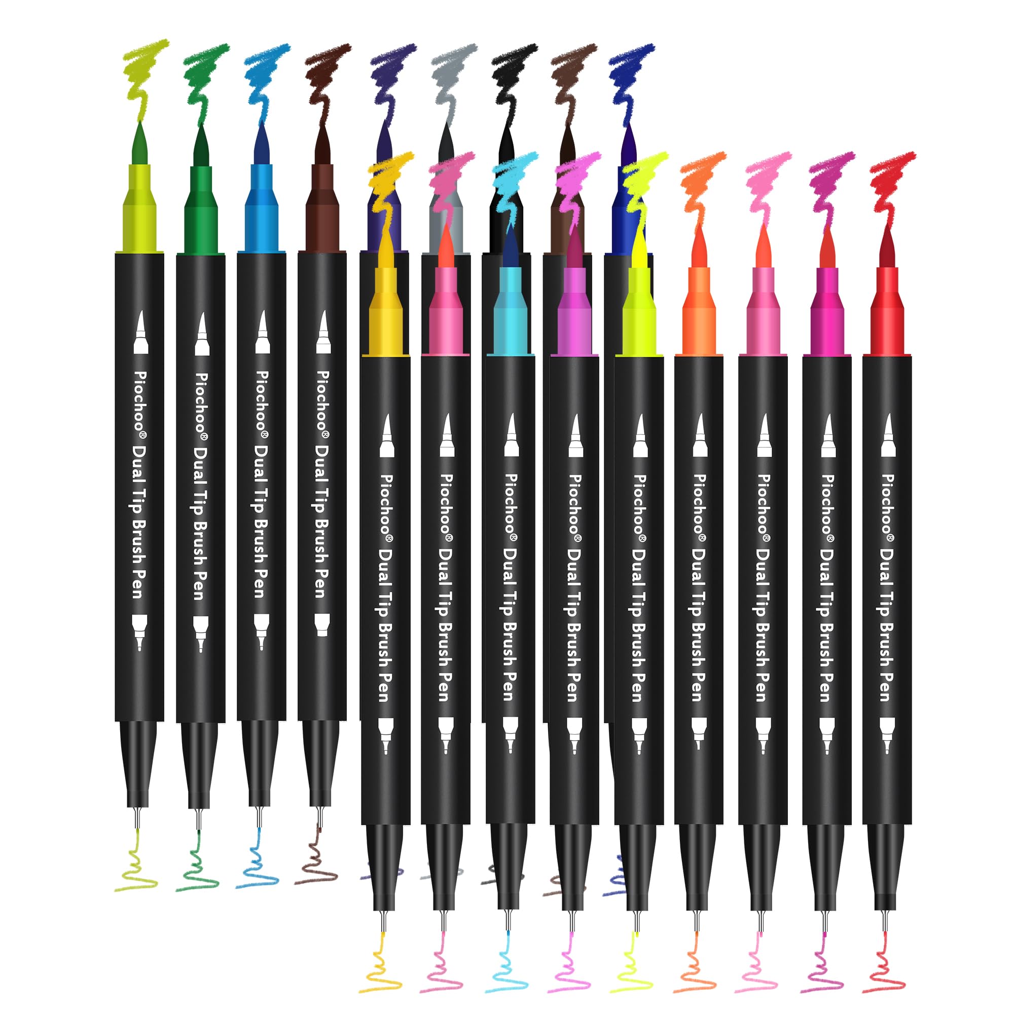 Piochoo Marker, 18 Farben, Dual-Pinsel-Marker, feine Spitze und Pinselspitze, Marker für Erwachsene, Malbücher, kein Verlaufen, Schulklassenzimmer, Kunstbedarf