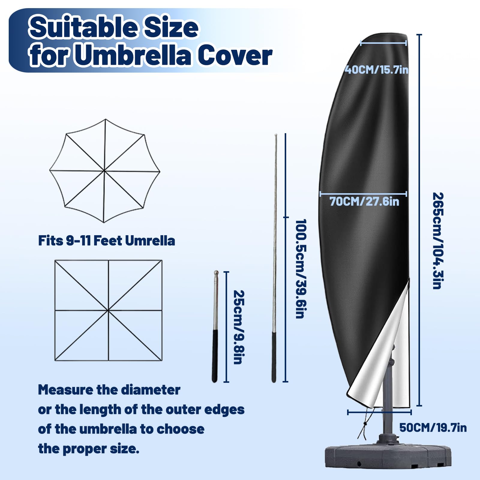 Housse de Parasol Déporté, Anti-UV, 420D Imperméable avec Fermeture éclair, Perche Télescopique, 265CM