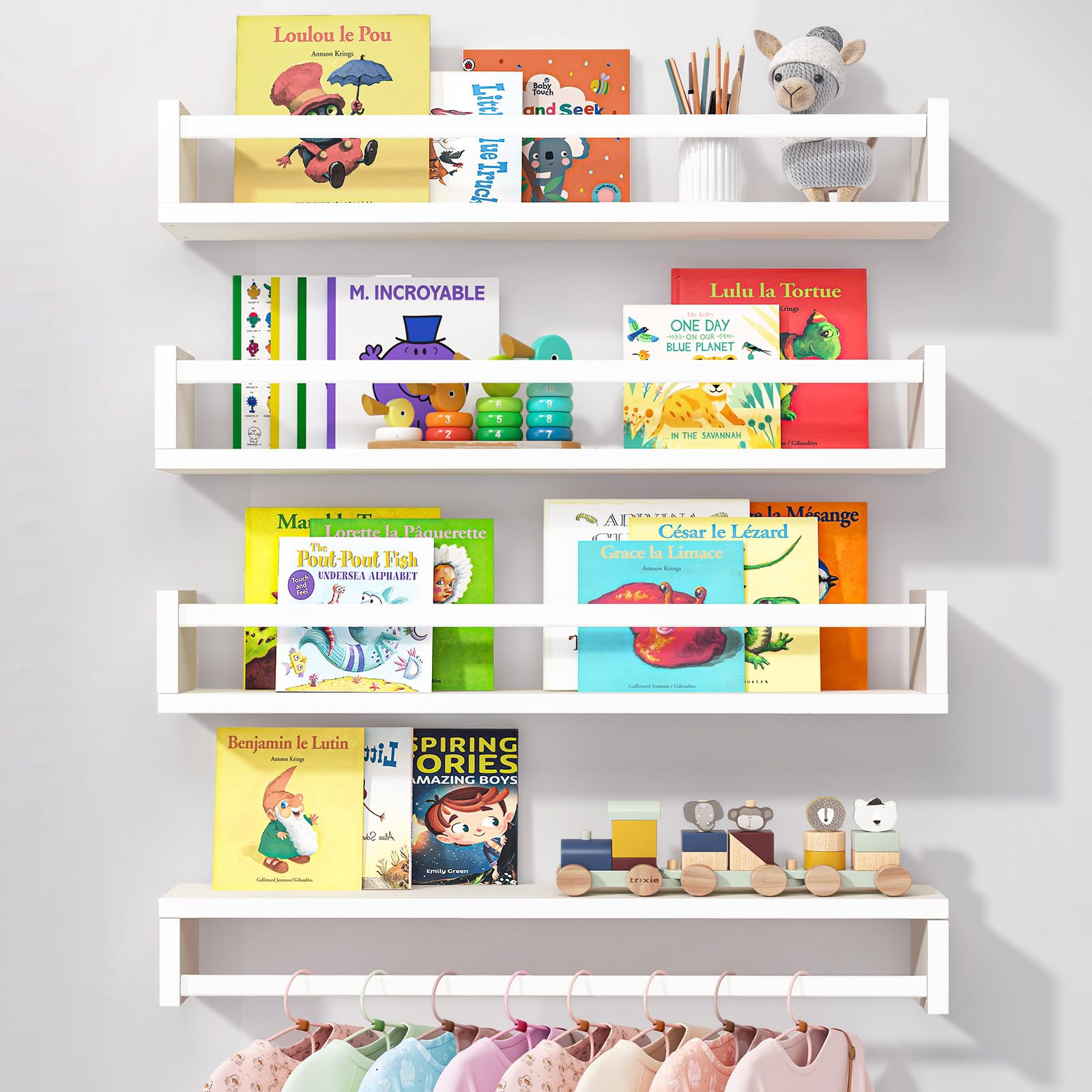 Fixwal Nursery Book Shelves, 23.6 Inch Floating Bookshelves for Wall Set of 4, Baby Nursery & Playroom Decor, Solid Wood Wall Mounted Shelves for Books and Toys Storage (White)