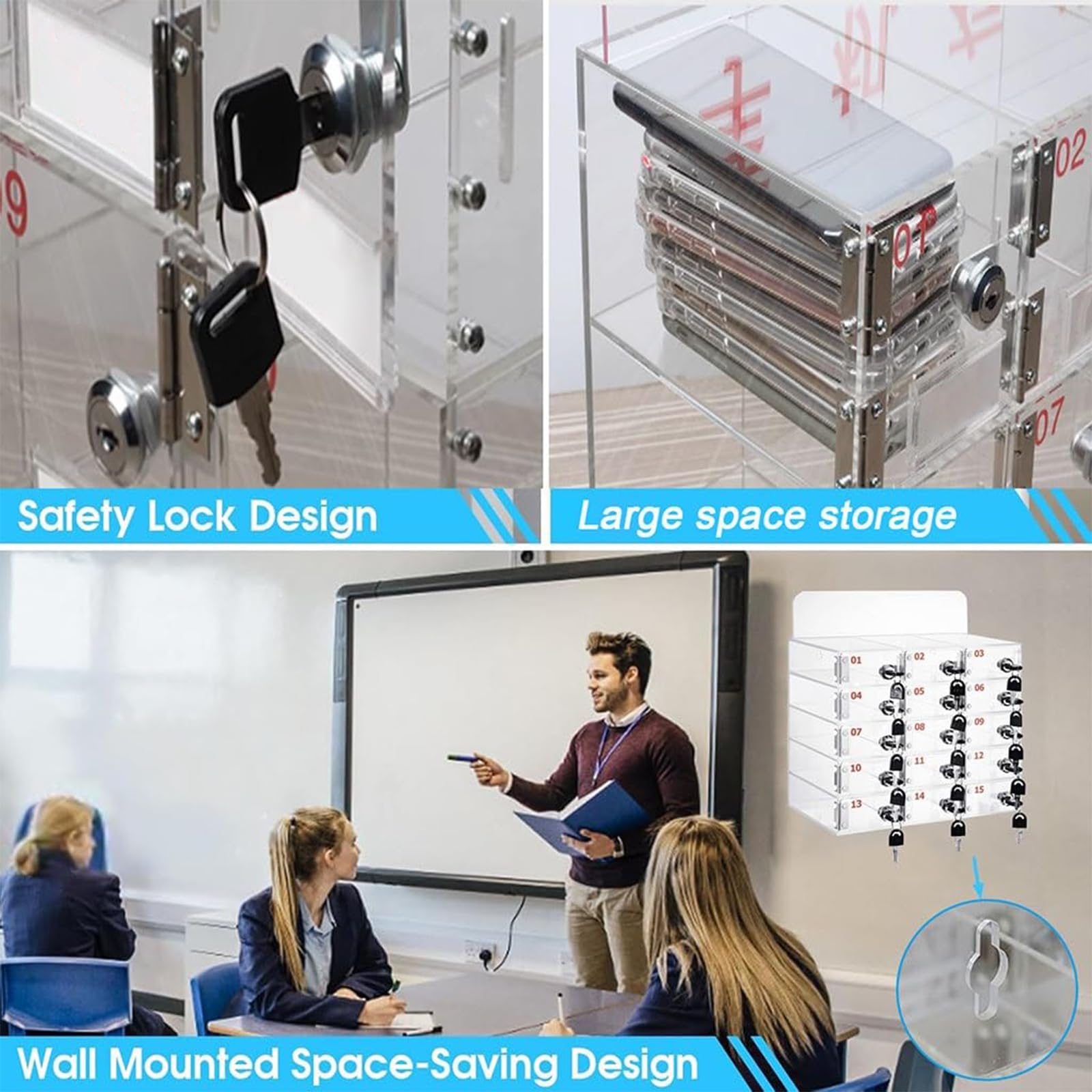 Wandmontierter Handy-Aufbewahrungsschrank, Handy-Schließfachbox mit Schloss, Transparentes Handy-Schließfach für Klassenzimmer, Büro und Fitnessstudio,6 Slot
