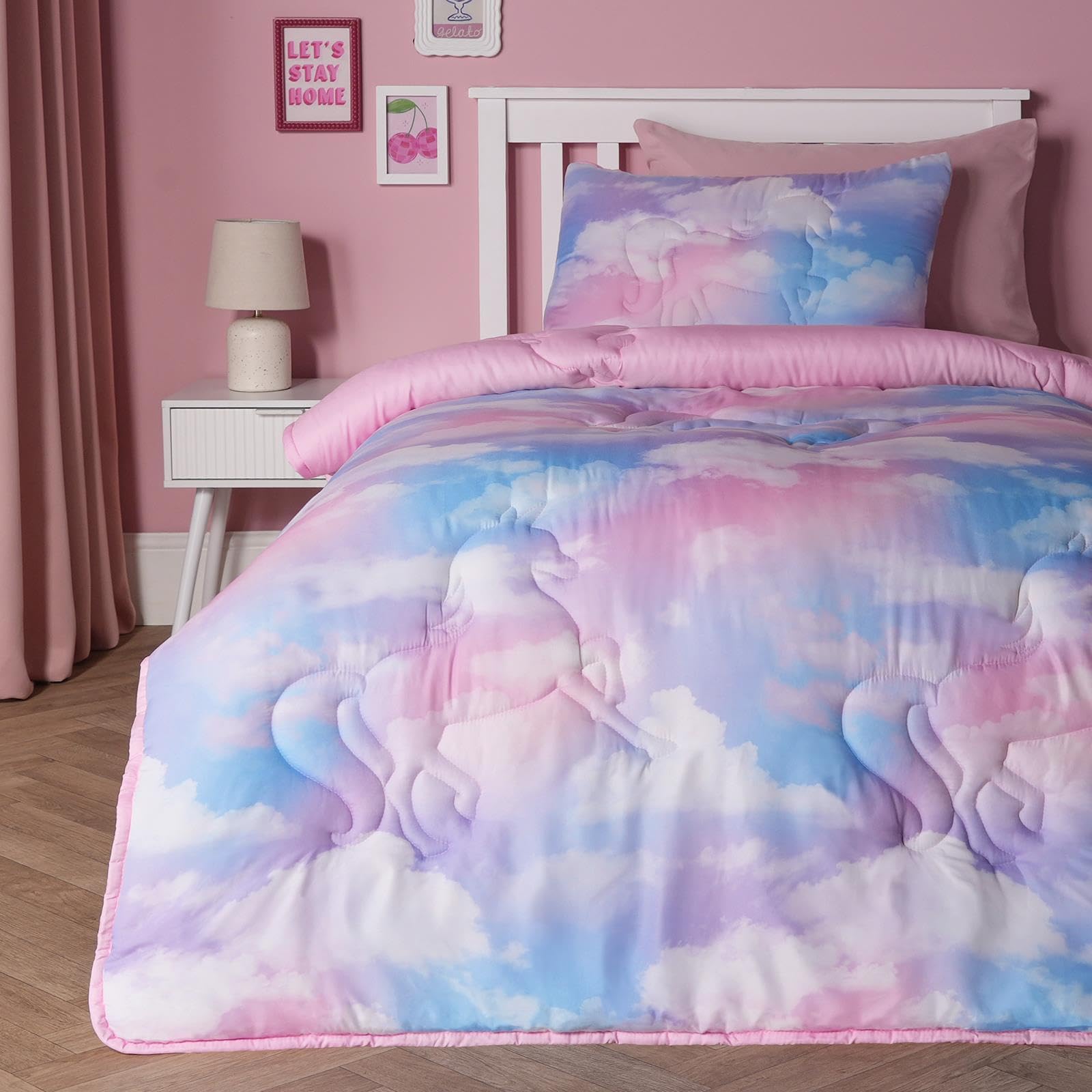 OHS Coverless Duvet Double 7.5 Tog, Soft Warm Microfibre Tie Dye Unicorn Quilted Summer Duvets Lightweight Comfortable Pink Reversible Washable Double Duvet with Pillowcases