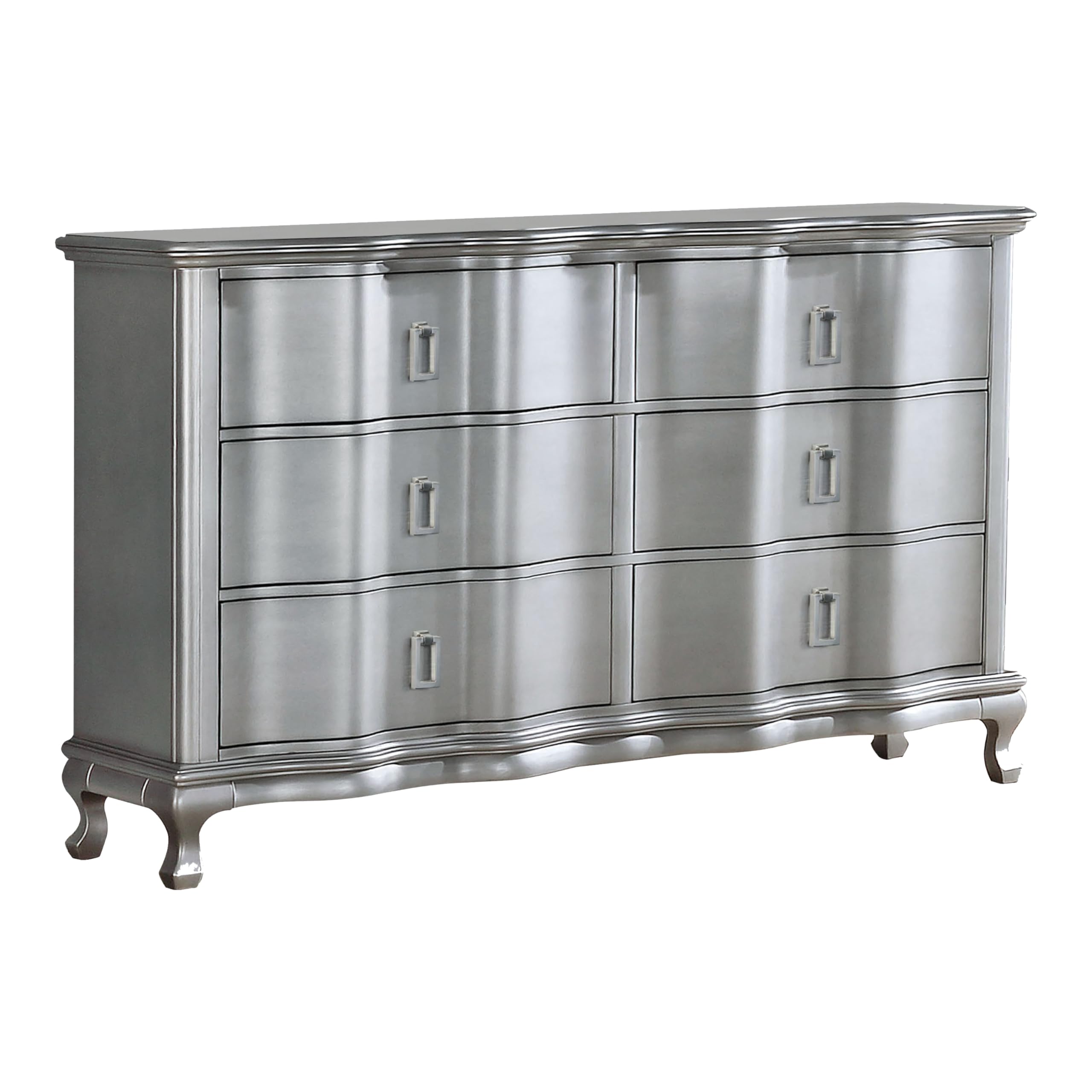 HOMES: Inside + Out Bargoyne 62 in. Solid Wood 6-Drawer Double Dresser with Cabriole Legs and Felt-Lined Storage, Easy Assembly for Bedroom, Guest Room, Living Room, Silver and Warm Gray
