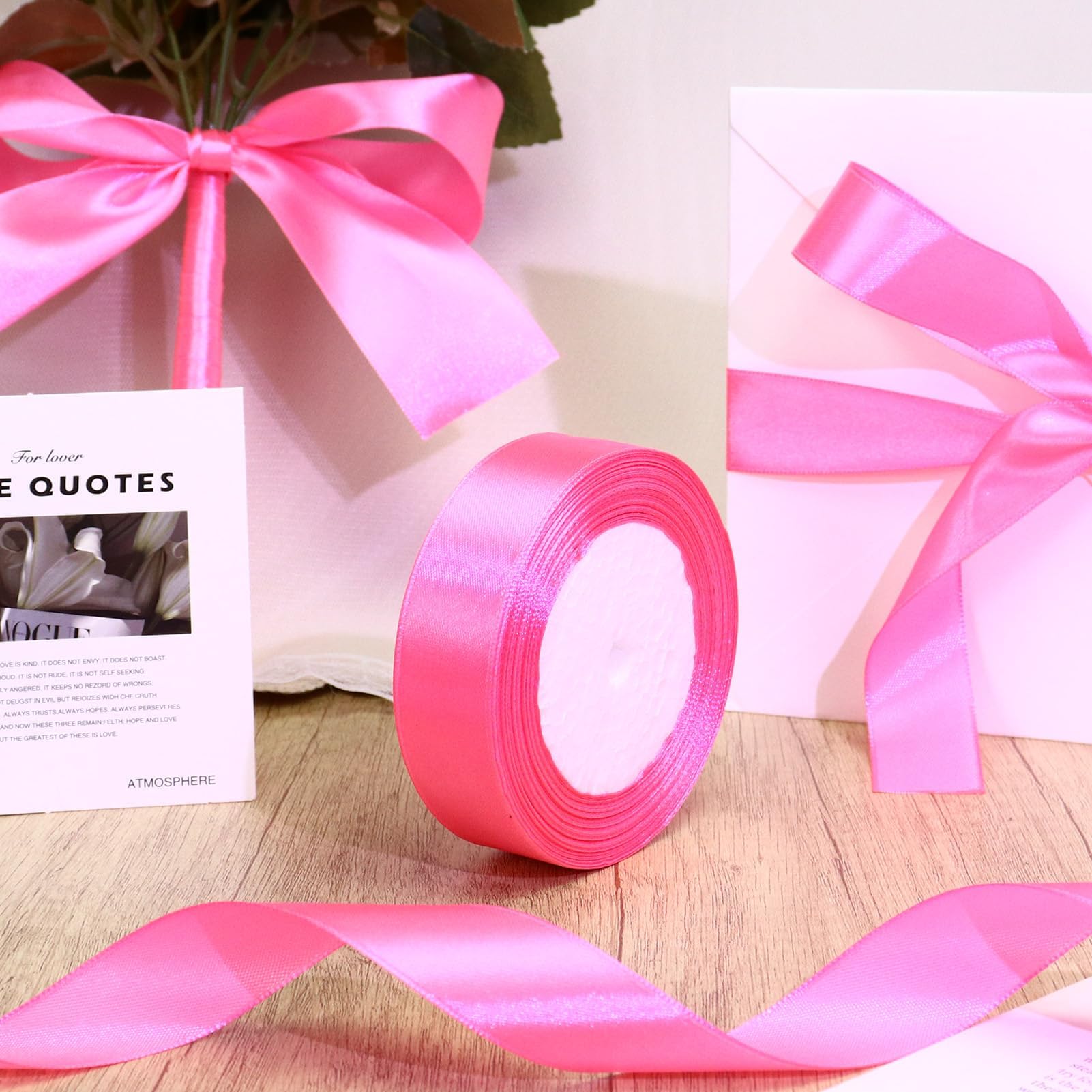 1 Inch x Continuous 25 Yards Fabric Satin Ribbon for Gift Wrapping, Peach Pink Ribbon for Wedding Party Decoration Floral Design Eternal Flowers Baking Webbing Bows