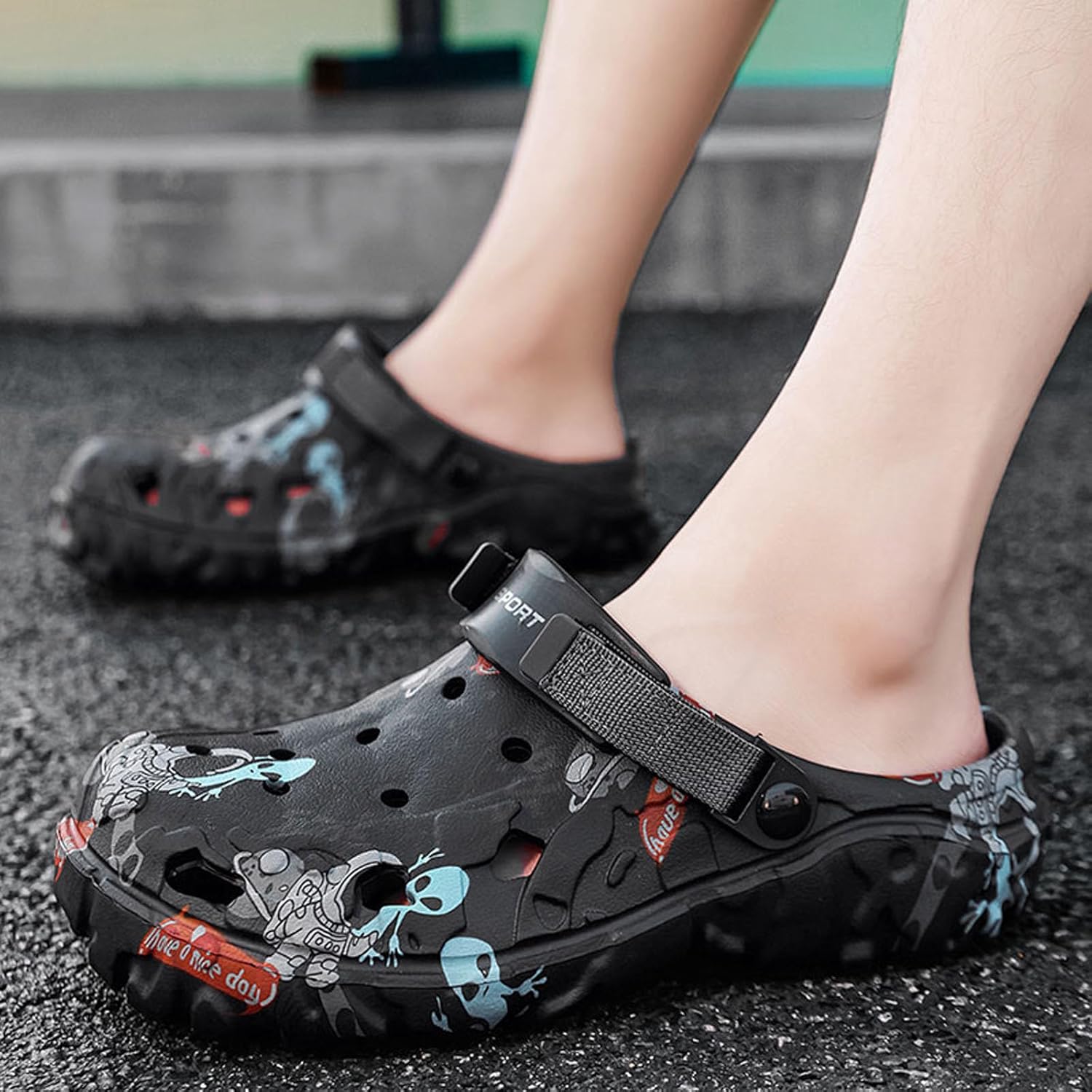SECHRITE Men's Clogs Athletic Sports Outdoor Slip-on Mules with Cushion Beach Non Slip Home Sandals with Adjustable Back Strap - River Edge