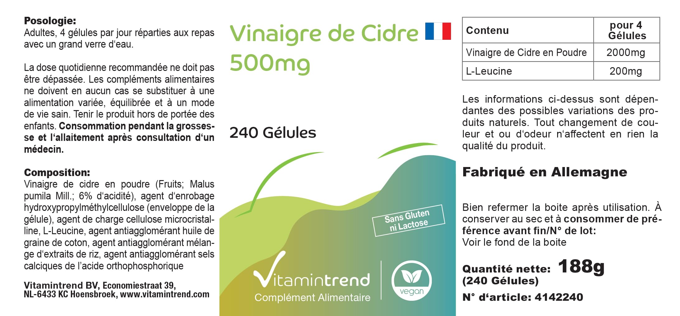 Vitamintrend Vinaigre de cidre 500 mg, 240 gélules, 2000 mg de poudre de vinaigre de cidre par dose quotidienne, complément alimentaire végan sans stéarate de magnésium, fabriqué en Allemagne