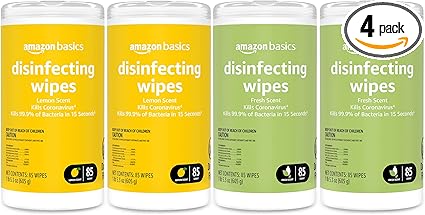 Amazon Basics Disinfecting Wipes, Lemon & Fresh Scent, Sanitizes/Cleans/Disinfects/Deodorizes, 340 Count (4 Packs of 85)