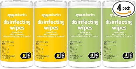 Amazon Basics Disinfecting Wipes, Lemon & Fresh Scent, Sanitizes/Cleans/Disinfects/Deodorizes, 340 Count (4 Packs of 85)