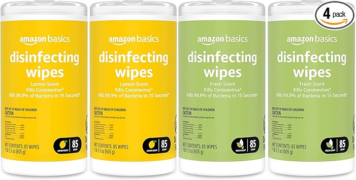 Amazon Basics Disinfecting Wipes, Lemon & Fresh Scent, Sanitizes/Cleans/Disinfects/Deodorizes, 340 Count (4 Packs of 85)