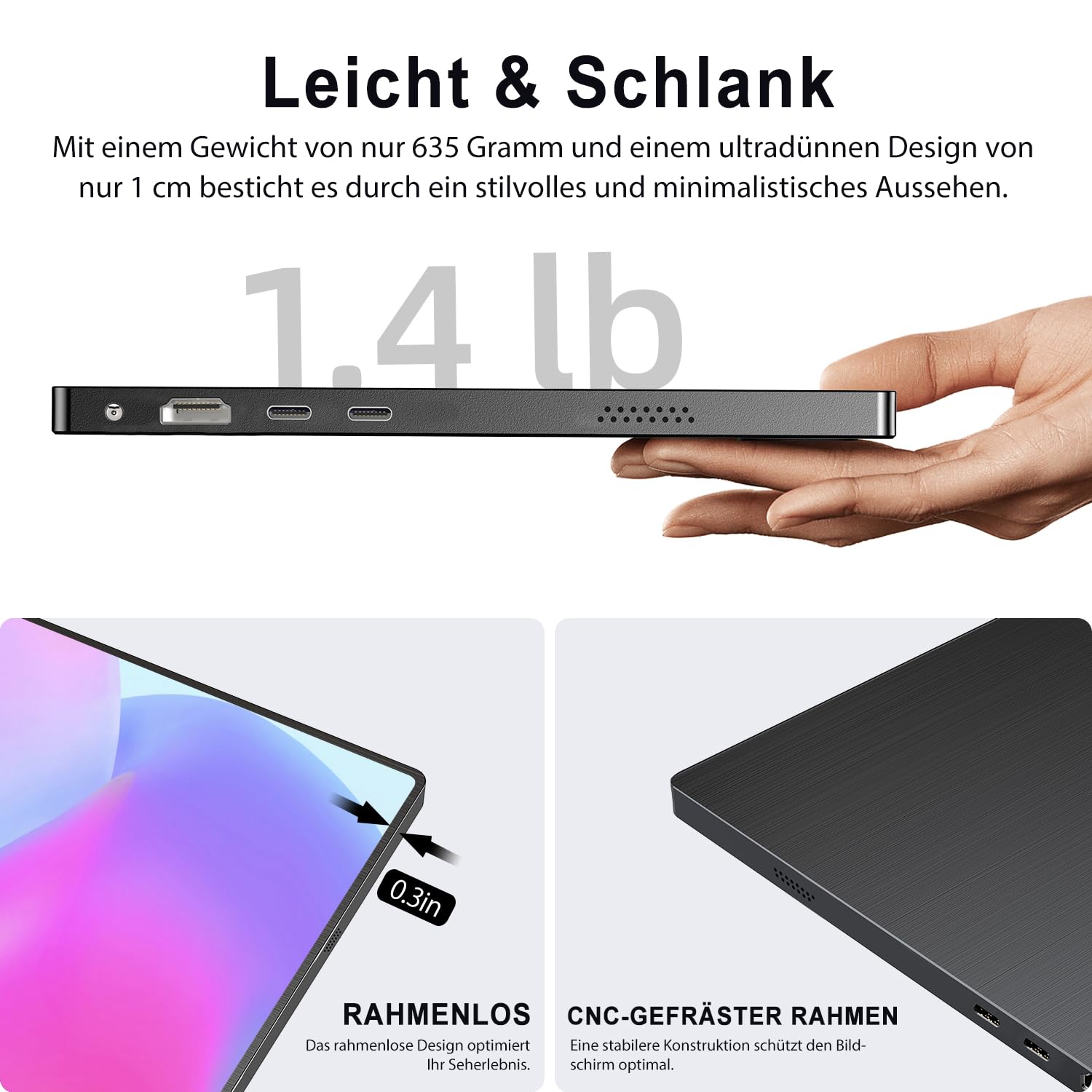 UPERFECT Tragbarer Monitor 15,6 Zoll Full HD IPS 1920x1080 HDMI USB-C VESA Schwarz
