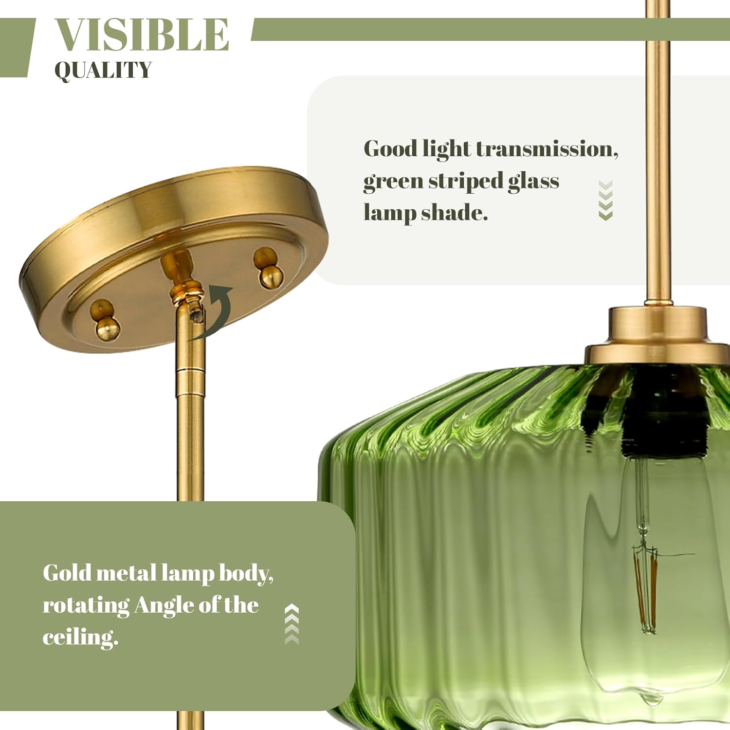 Modern Green Pendant Lights 11.02" Green Flush Mount Ceiling Light Fixtures with Hammered Glass, Gold Mid Century Chandelier for Bedroom Dining Room Kitchen Island