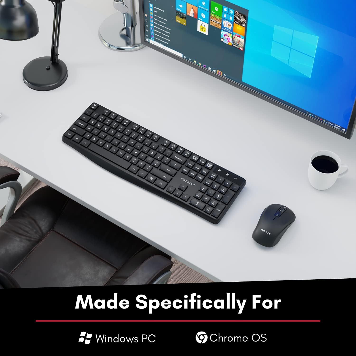 Macally USB Wireless Keyboard and Mouse Combo - 2.4Ghz Full Size Cordless Keyboard and DPI Optical Mouse - Designed for Windows PC with USB Port - Simple Plug & Play Mouse and Keyboard Combo - (Black)