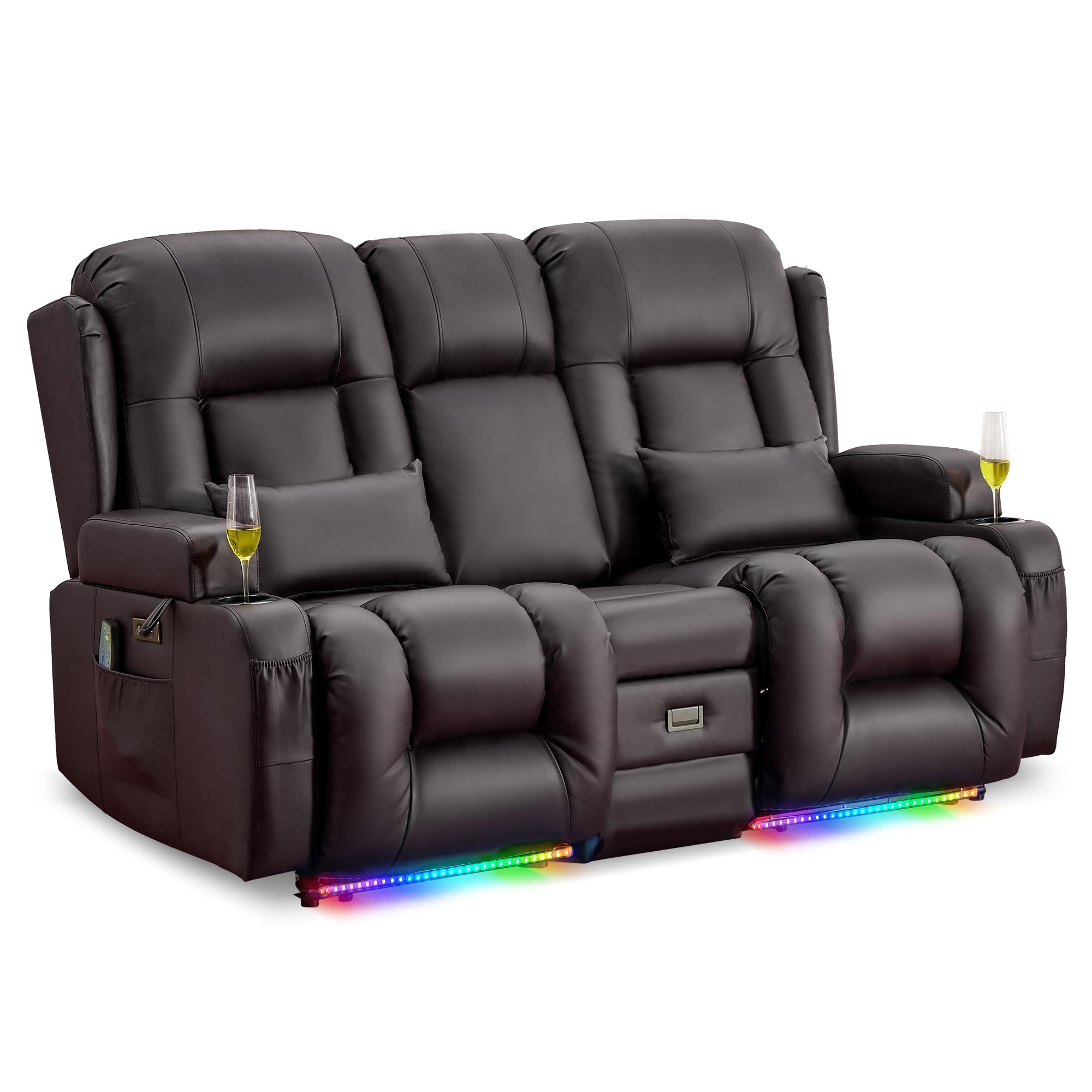 LIFTSHA Zweisitzer Relaxsessel mit Liegefunktion, Fernsehsessel Elektrisch Verstellbar mit Heizung & Vibrierende Massage, TV Sessel Heimkino Sitze mit Multimedia Mittelkonsole, Kunstleder, Dunkelbraun