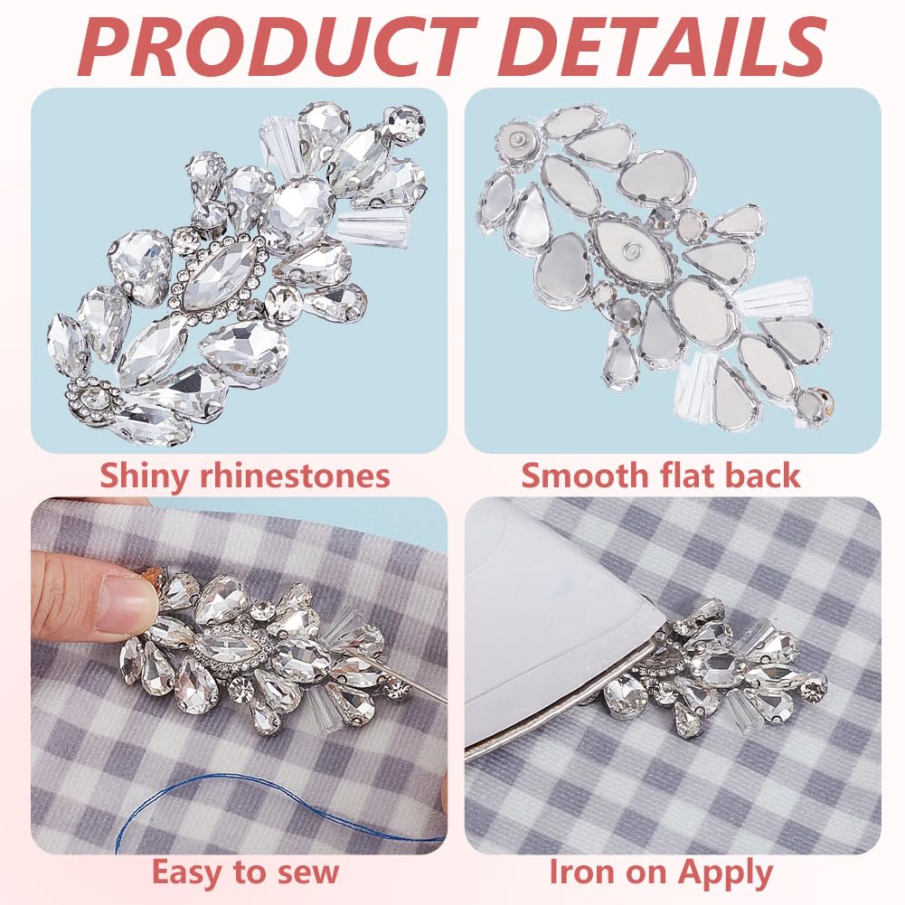 4 pz Argento Strass Applique Toppe 3D Glitter Vetro Floreale Cristallo Pizzo Scintillante Da Cucire su Applique Fiore Perline Toppa per Cucire Creazione Matrimonio Sposa Cintura Costume Vest