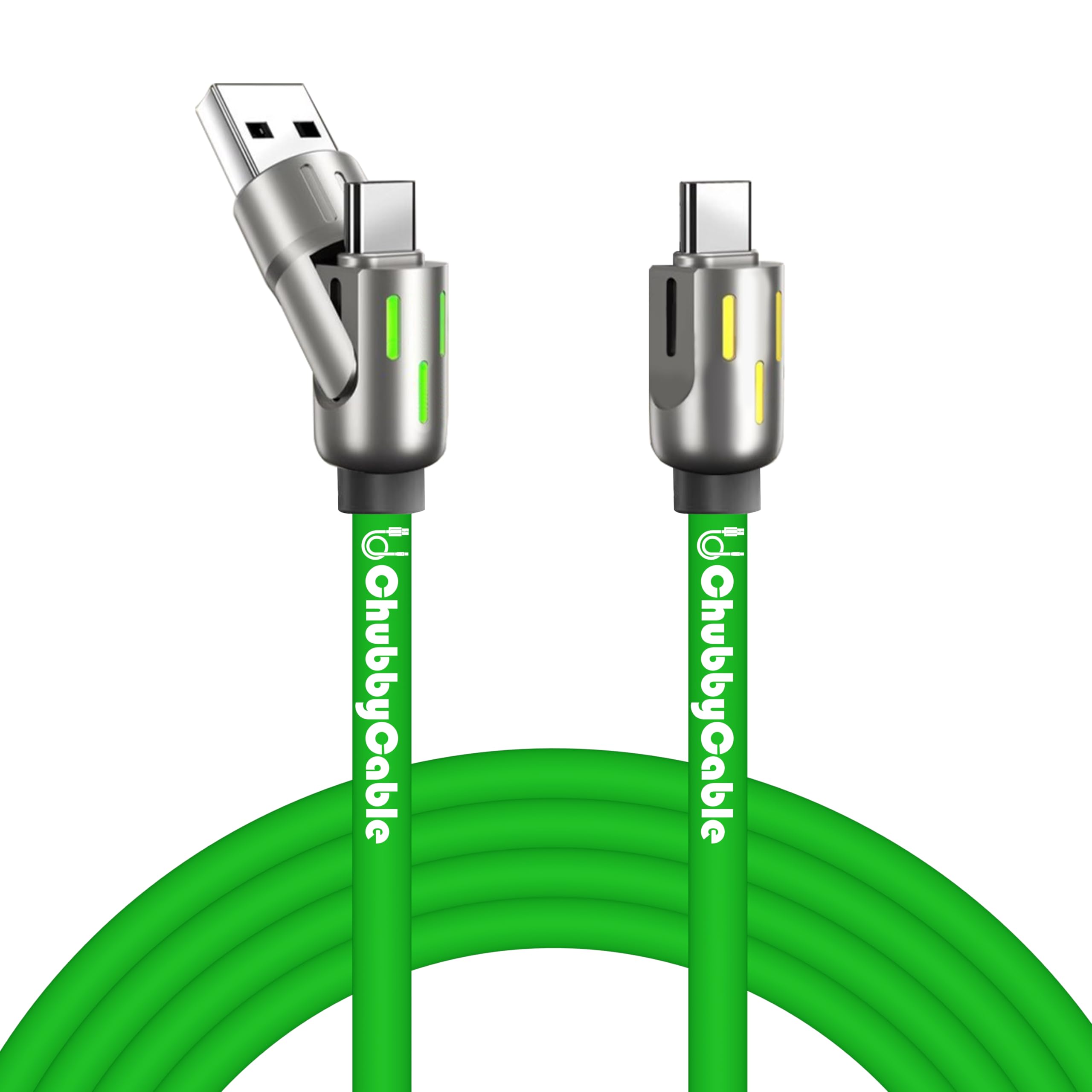 chubbycable GlowCharge Pro - Cavo da auto 3 in 1 da 240 W con luci dinamiche, cavo multi USB C, cavo di ricarica rapida in silicone, 1 m, verde, da tipo C a tipo C + USB-A