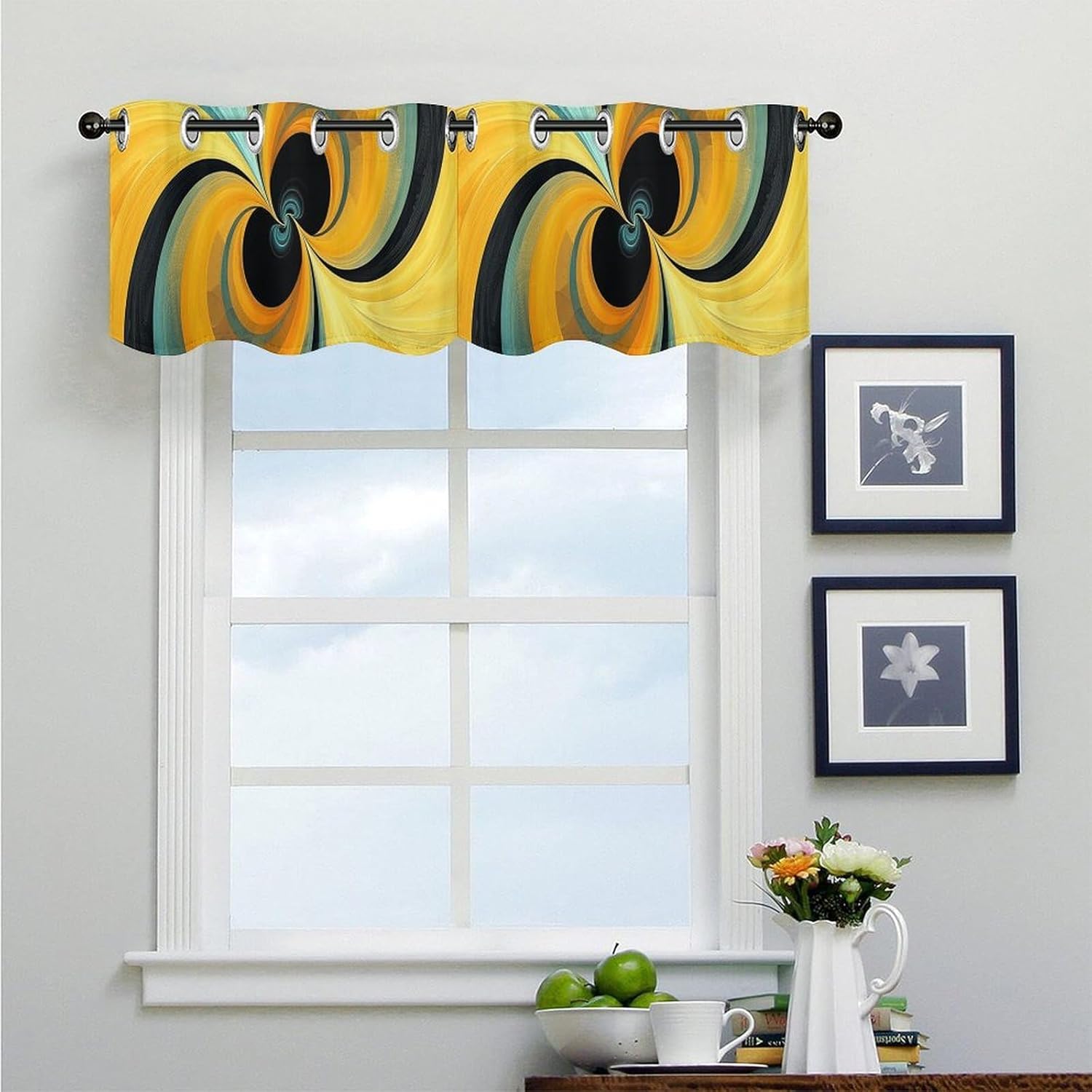 Black Round Shape Valance for Windows, 2 Pack Kitchen Curtains Modern Home Decor, Soft Blackout Window Curtains for Living Room & Bedroom, 18 X 52 Inch