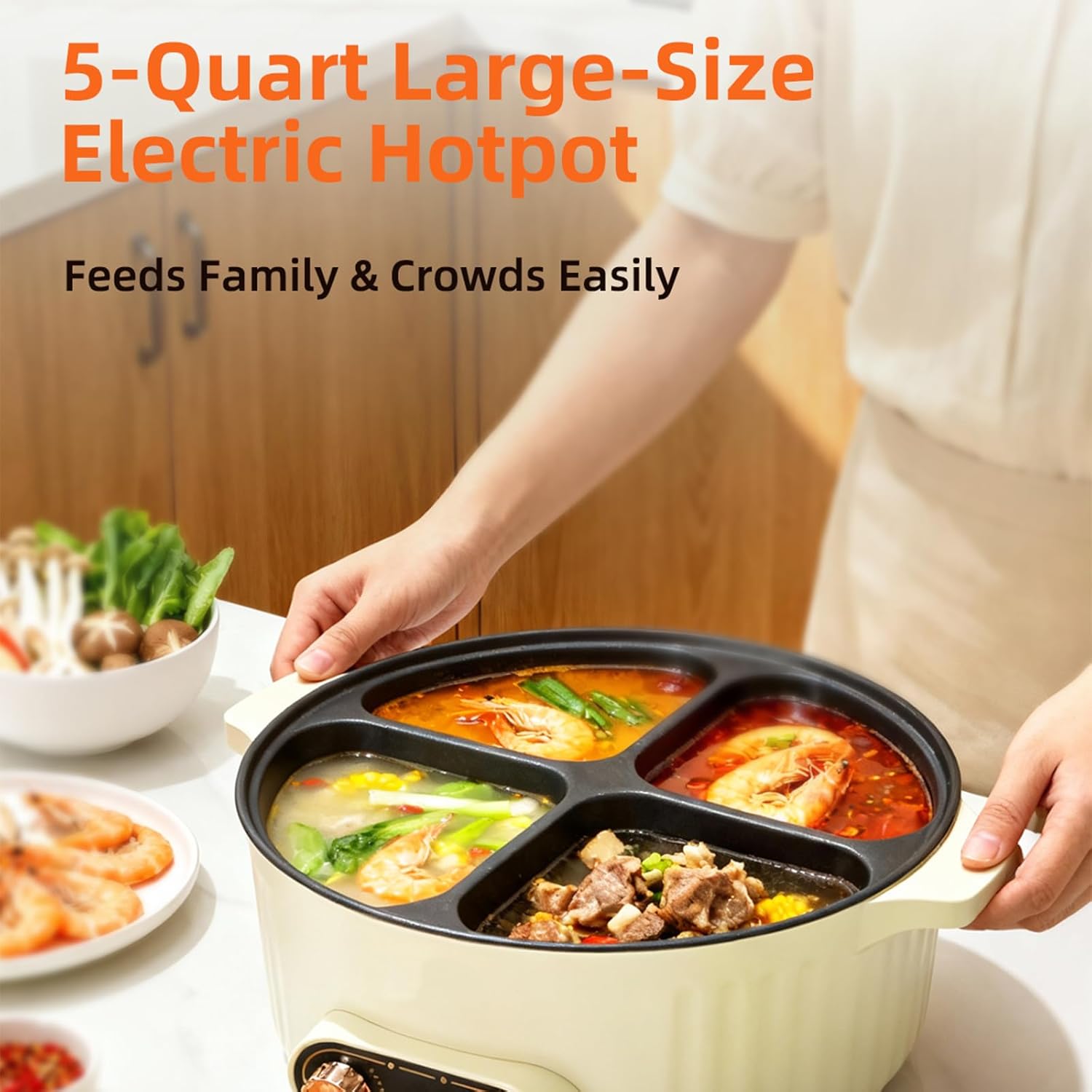 4 Grid Electric Hotpot, 4L Electric Pot with Non-Stick Coating, Enjoy multiple flavors at once, Large capacity Shabu Hot Pot for Family Party