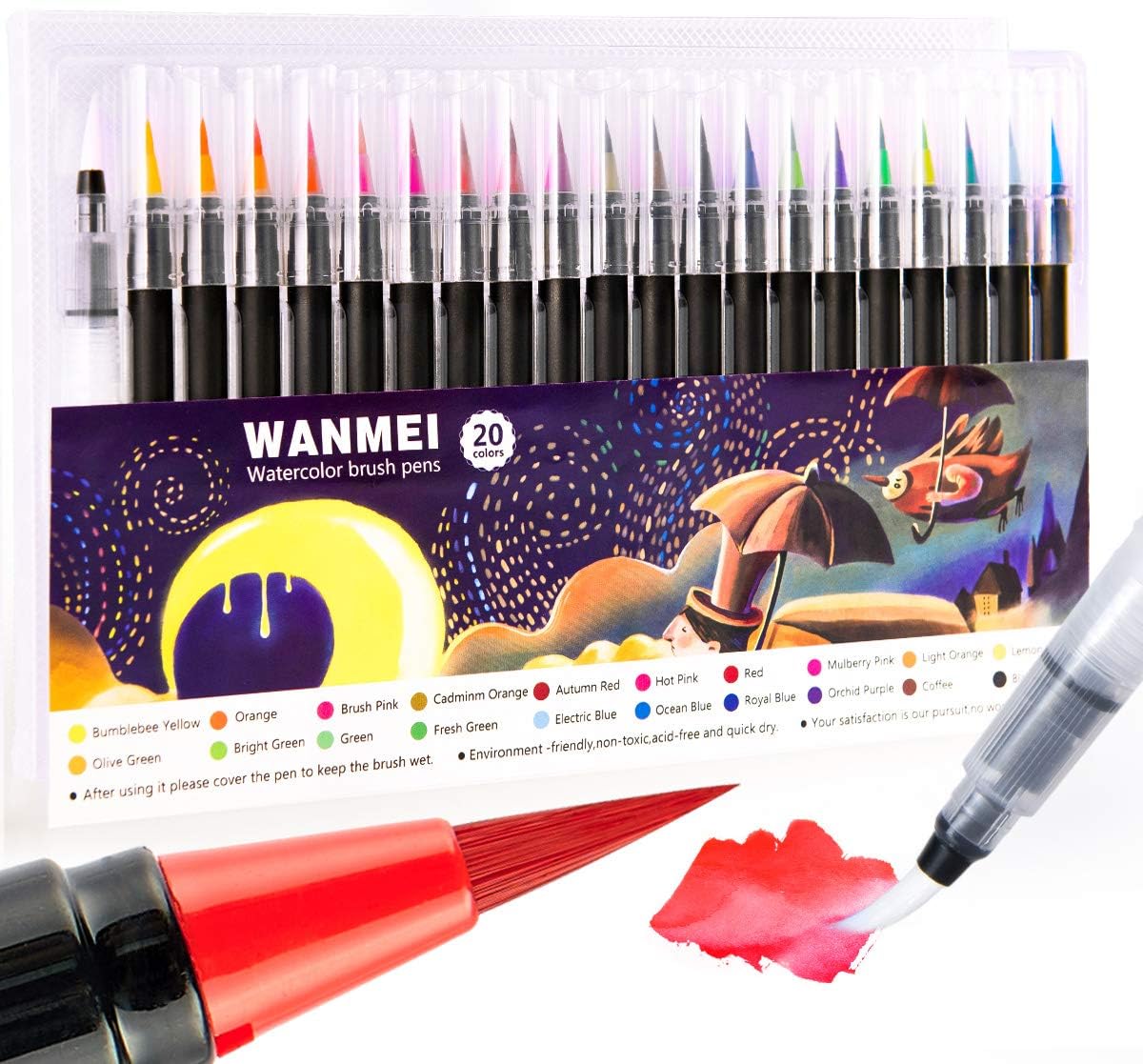Watercolor Brush Pens Lettering Calligraphy 20 Colors, Calligraphy Pens Painting Markers Flexible, Dual Brush Maker Pens with 1 Refillable Water for Beginners, Painters and Artists (20+1)