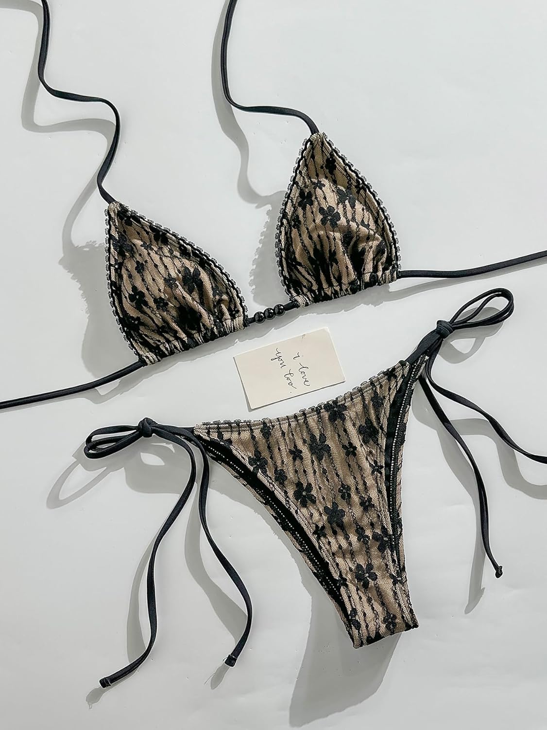 SEGT Women's Floral Lace Sexy Bathing Suit V Neck Halter Bikini Sets Triangle Tie Side High Cut Thong Swimsuit