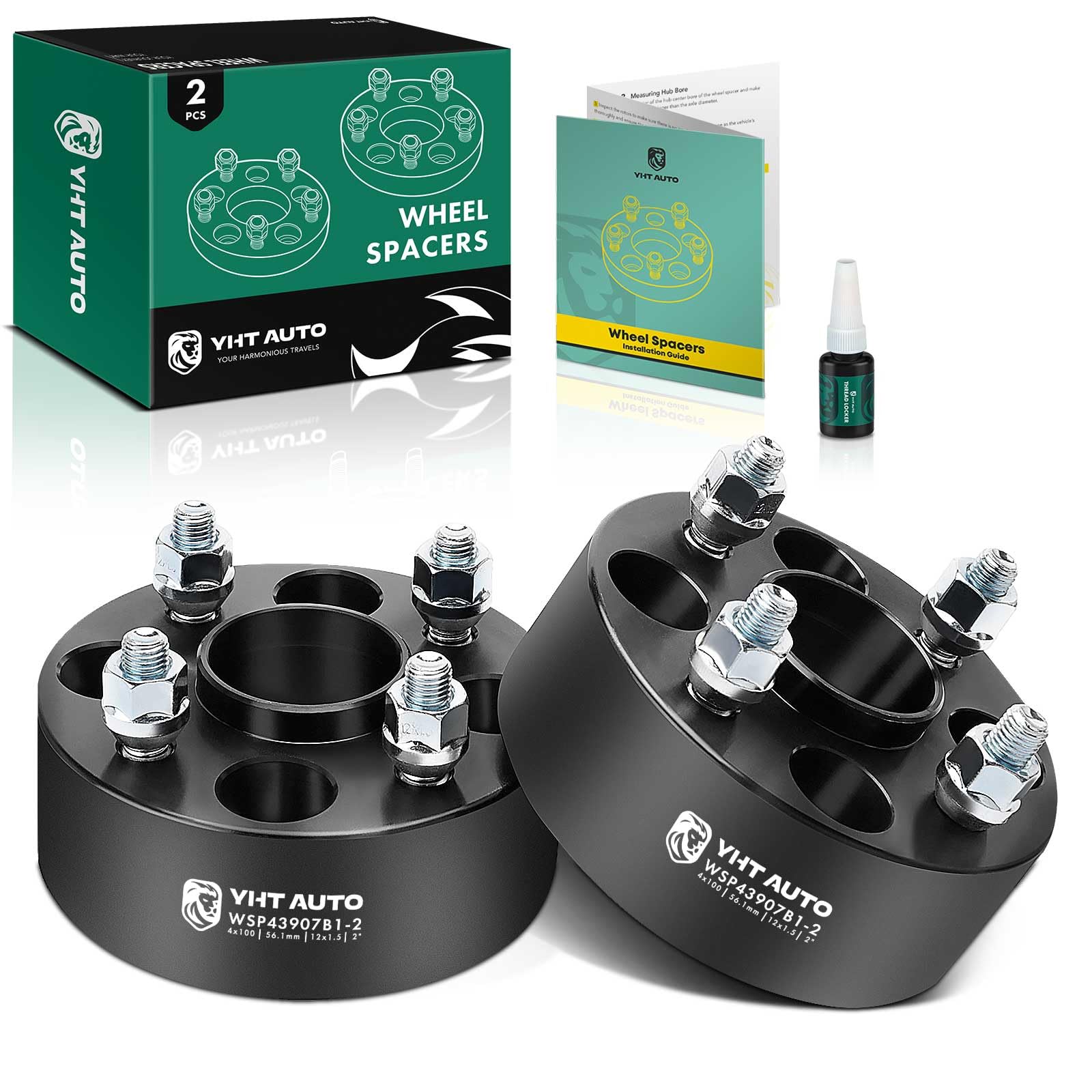 YHTAUTO 4x100mm Hub Centric Wheel Spacers 2" Compatible with Honda, Acura, Kia, Mini & Mitsubishi Models, Integra, CRX, Tire Spacers w/ M12x1.5 & 12.9 Grade Studs, 56.1 mm Hub Bore 4 Lug 2PCS Black