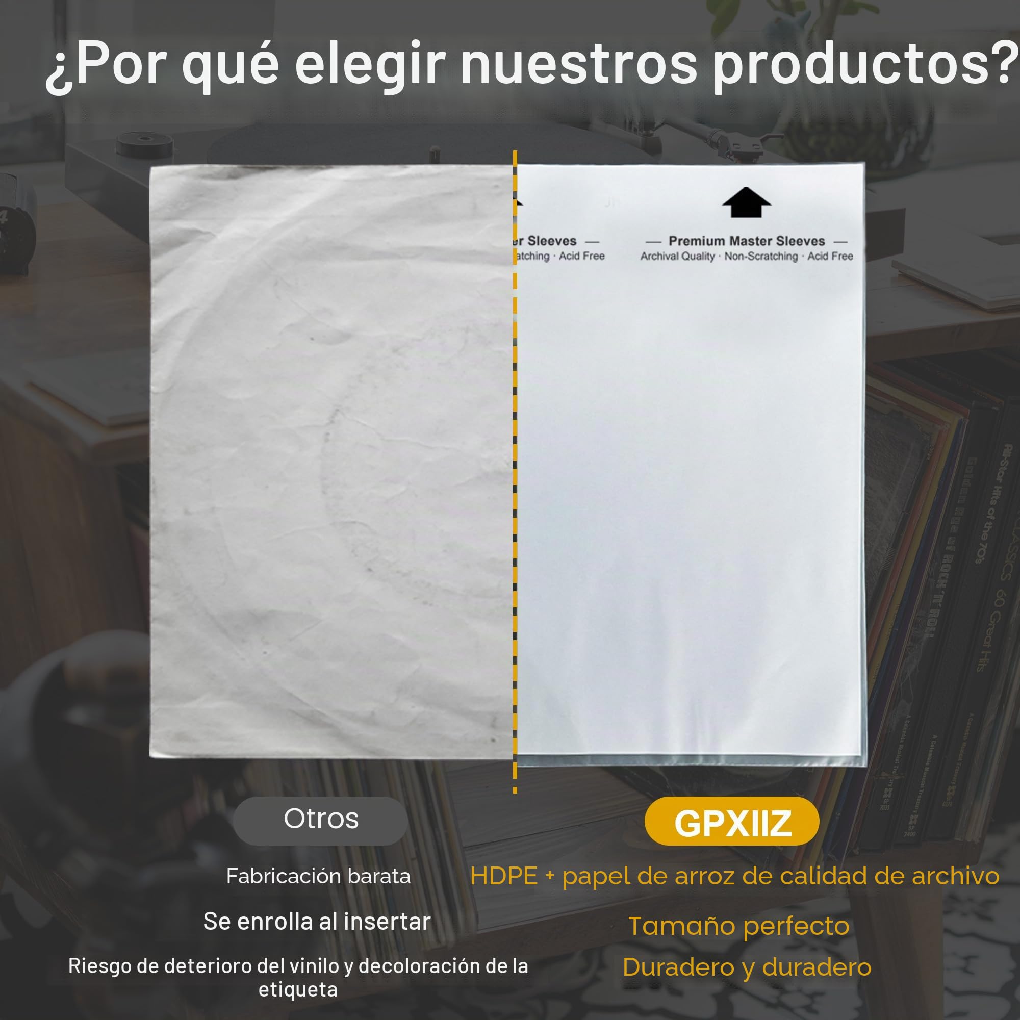 Fundas Vinilos Interiores para 12" 33 RPM Vinilos Discos, 50 x Protector Vinilos Discos Antiestaticas Antiarañazos, HDPE + Papel de Arroz, Fundas Discos Interiores 3 Capas para 12 Pulgadas LP | Master - Fundas de vinilo de 3 capas de HDPE+papel de arroz,