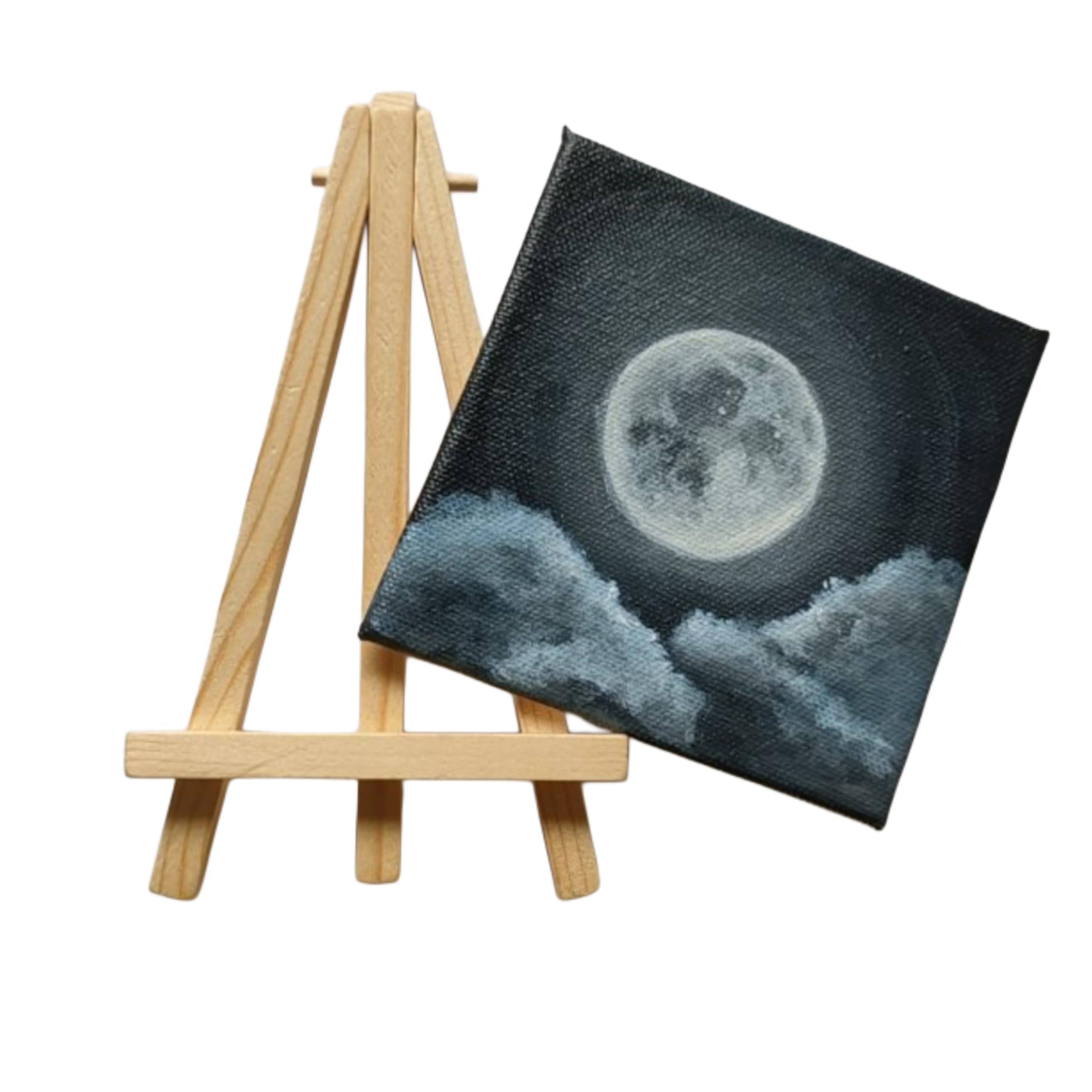 BHAGATH ART STUDIO Mini Canvas Night Sky Painting with Wooden Easel, 10 cm × 10 cm, Full Moon and Clouds Artwork, Home Decor, Fine Art-image-46