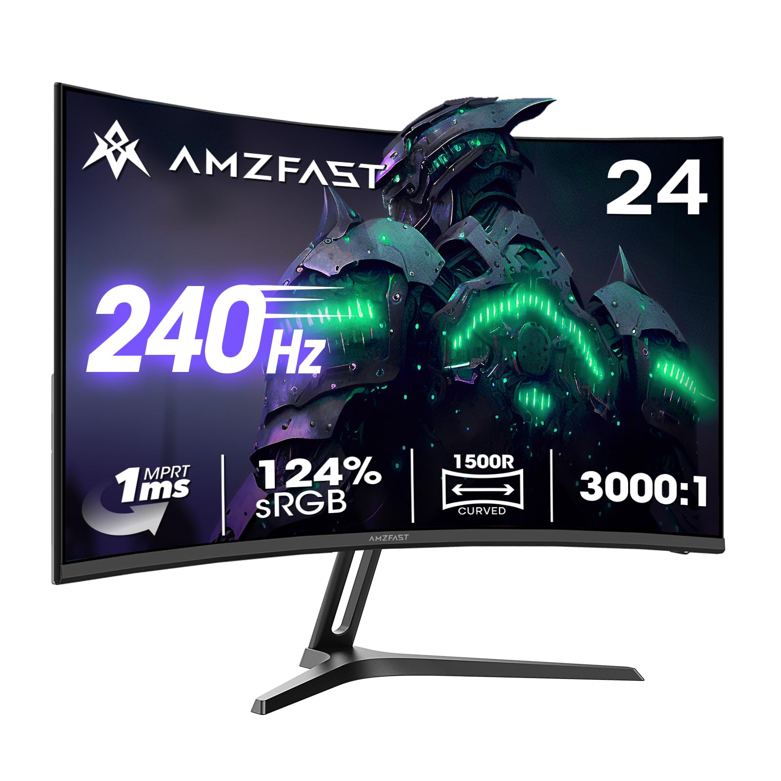Amzfast Monitor Gaming, Schermo PC Gamer curvo 24 pollici - 240 Hz, FHD 1920 x 1080, sRGB 124% / DCI-P3 93%, 1 ms MPRT, anti-luce blu, adattatore Sync, VESA 75 x 75, AMZG24C1Pro